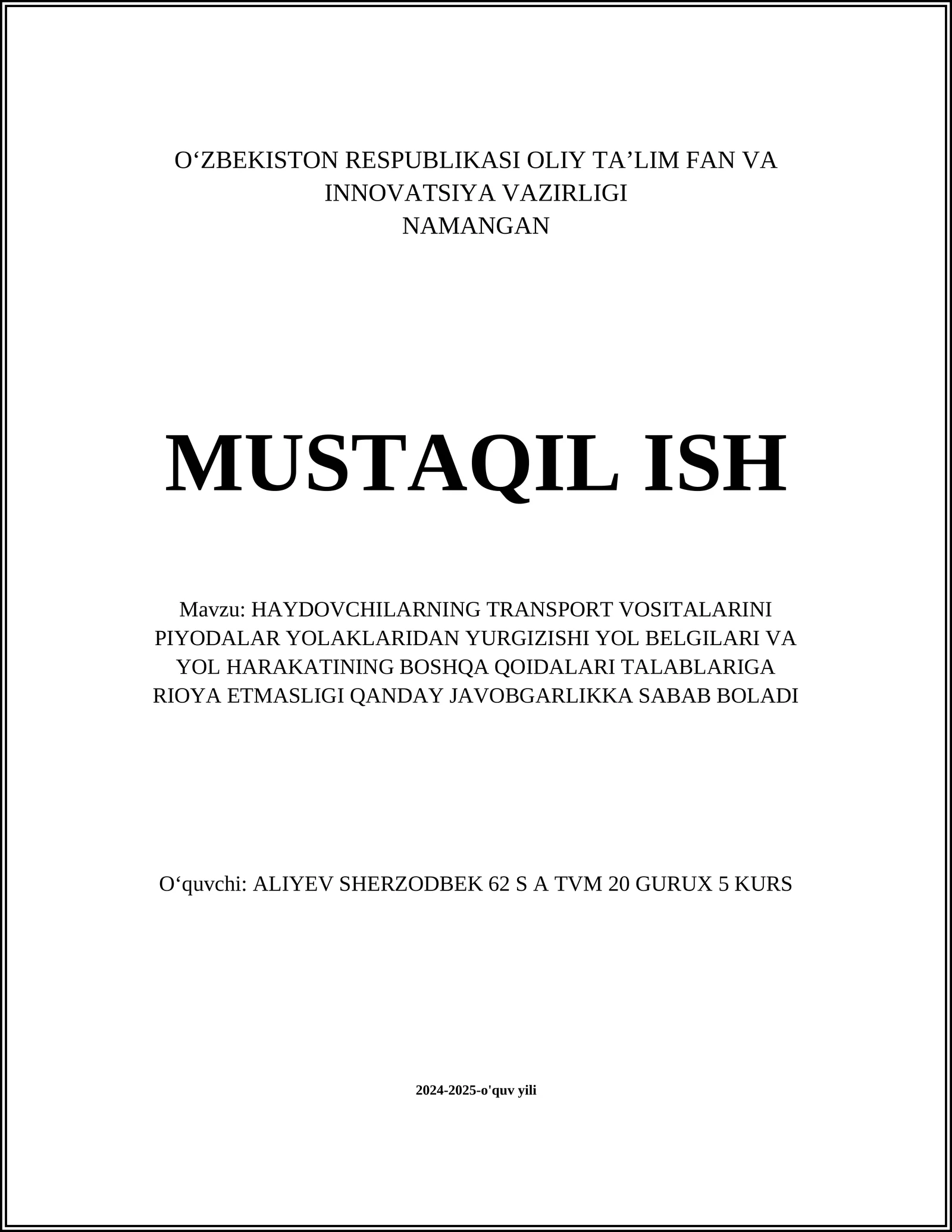 HAYDOVCHILARNING TRANSPORT VOSITALARINI PIYODALAR YOLAKLARIDAN YURGIZISHI YOL BELGILARI VA YOL HARAKATINING BOSHQA QOIDALARI TALABLARIGA RIOYA ETMASLIGI QANDAY JAVOBGARLIKKA SABAB BOLADI