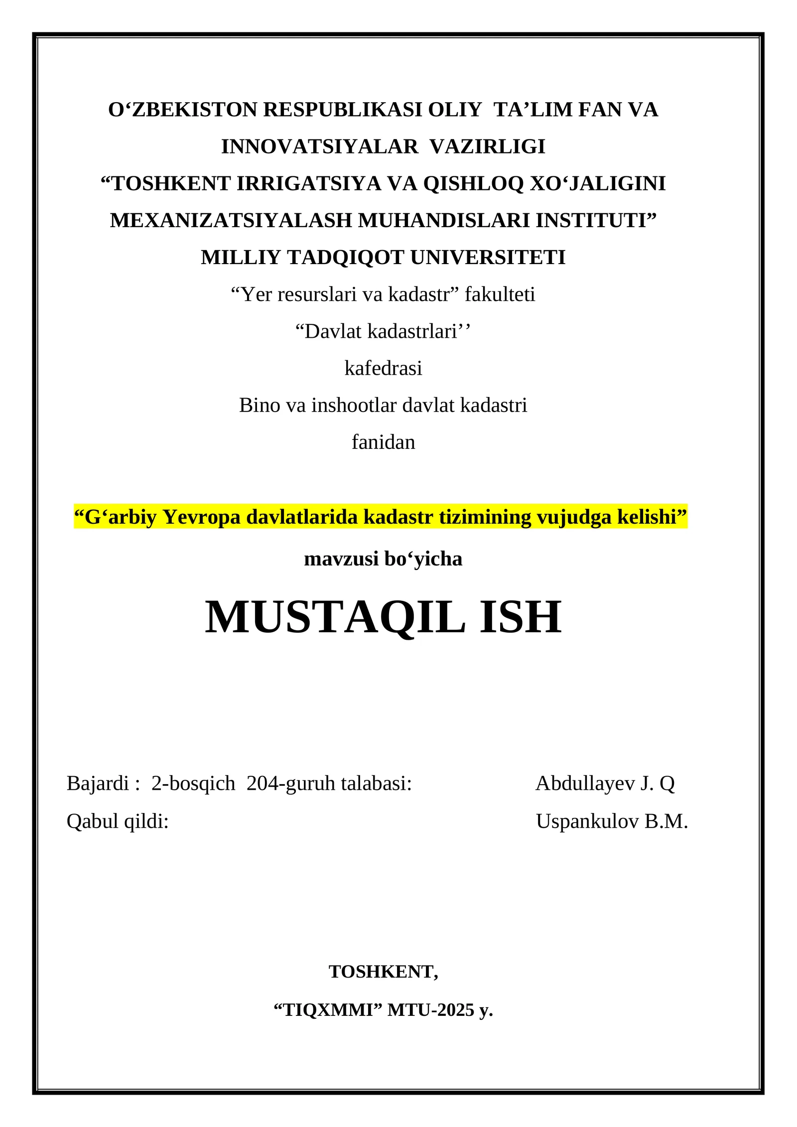 G‘arbiy Yevropa davlatlarida kadastr tizimining vujudga kelishi