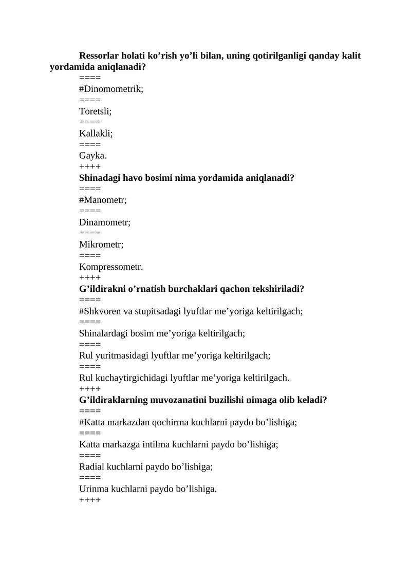 Ressorlar holati ko’rish yo’li bilan, uning qotirilganligi qanday kalit yordamida aniqlanadi?