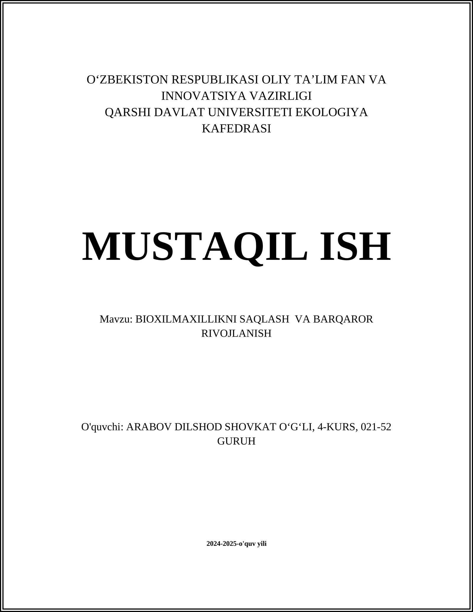 BIOXILMAXILLIKNI SAQLASH VA BARQAROR RIVOJLANISH