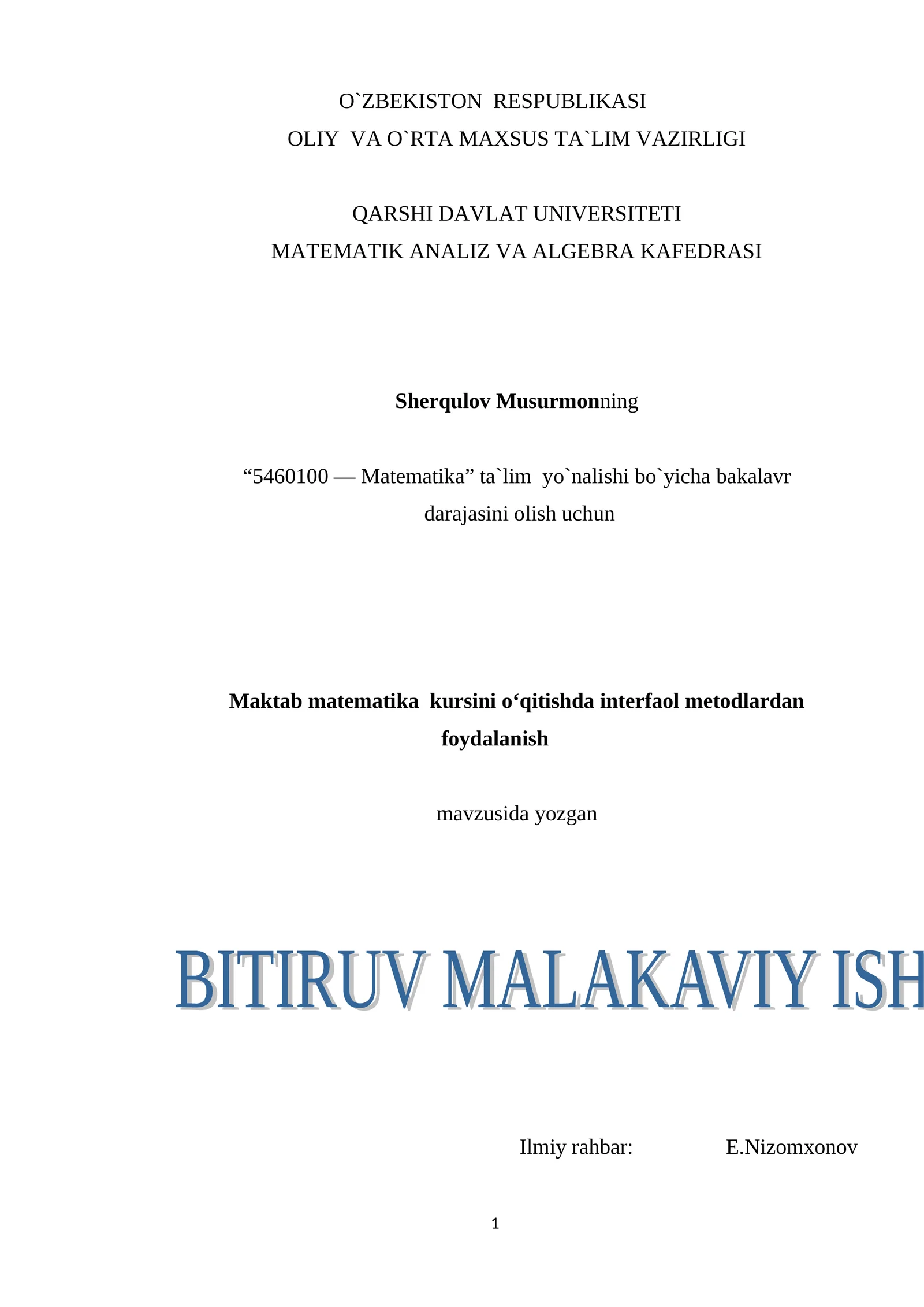Maktab matematika kursini o‘qitishda interfaol metodlardan foydalanish