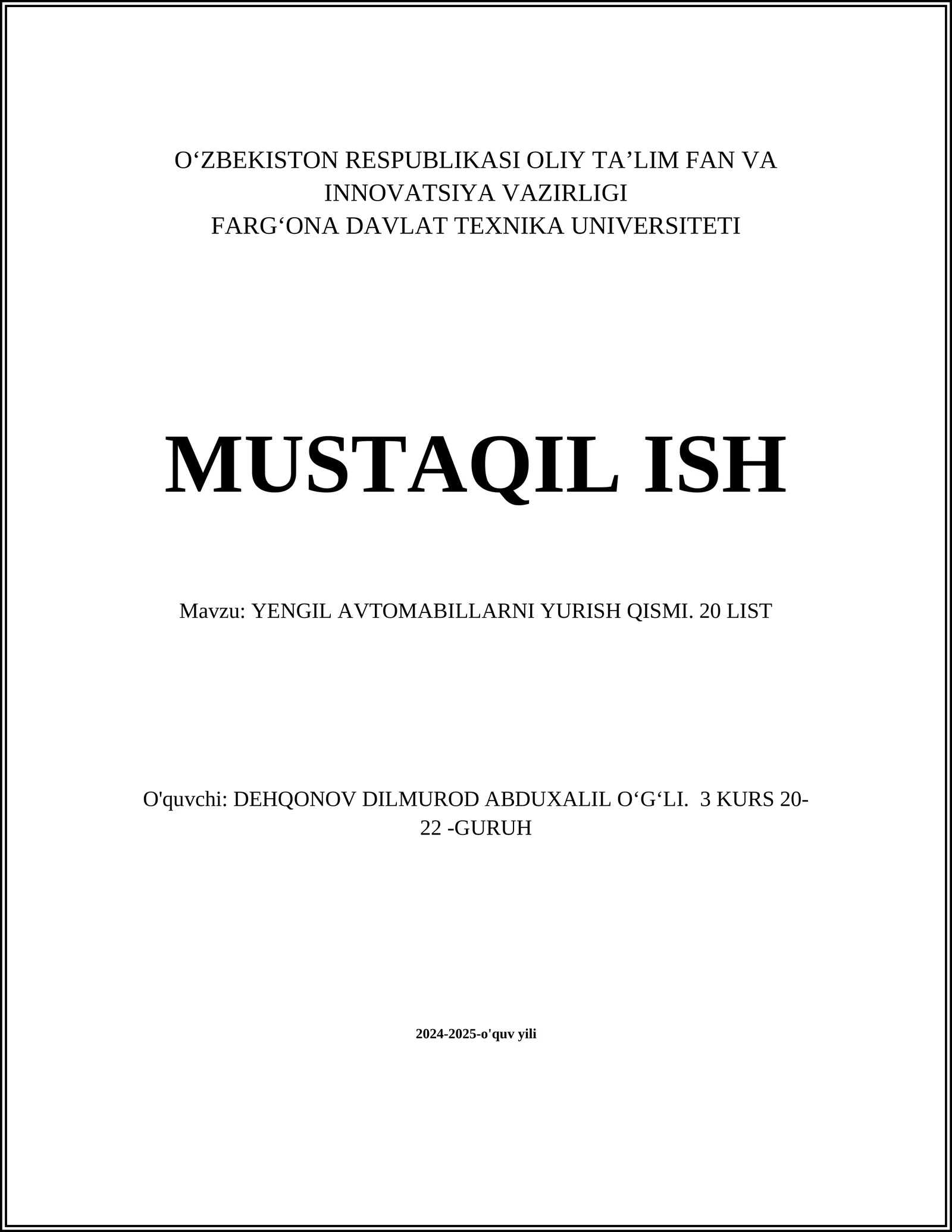 YENGIL AVTOMABILLARNI YURISH QISMI