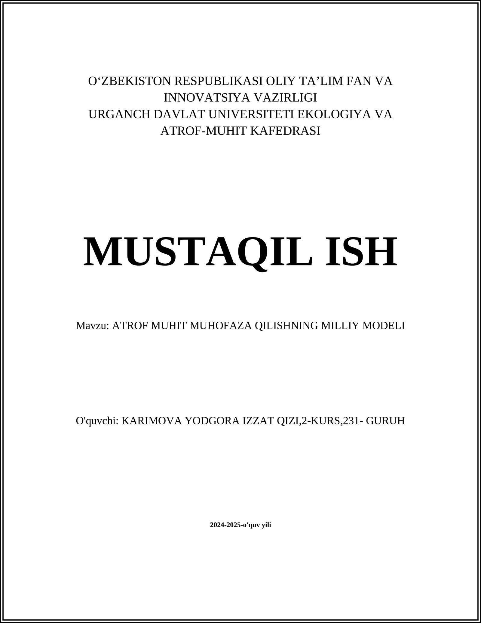 ATROF MUHIT MUHOFAZA QILISHNING MILLIY MODELI