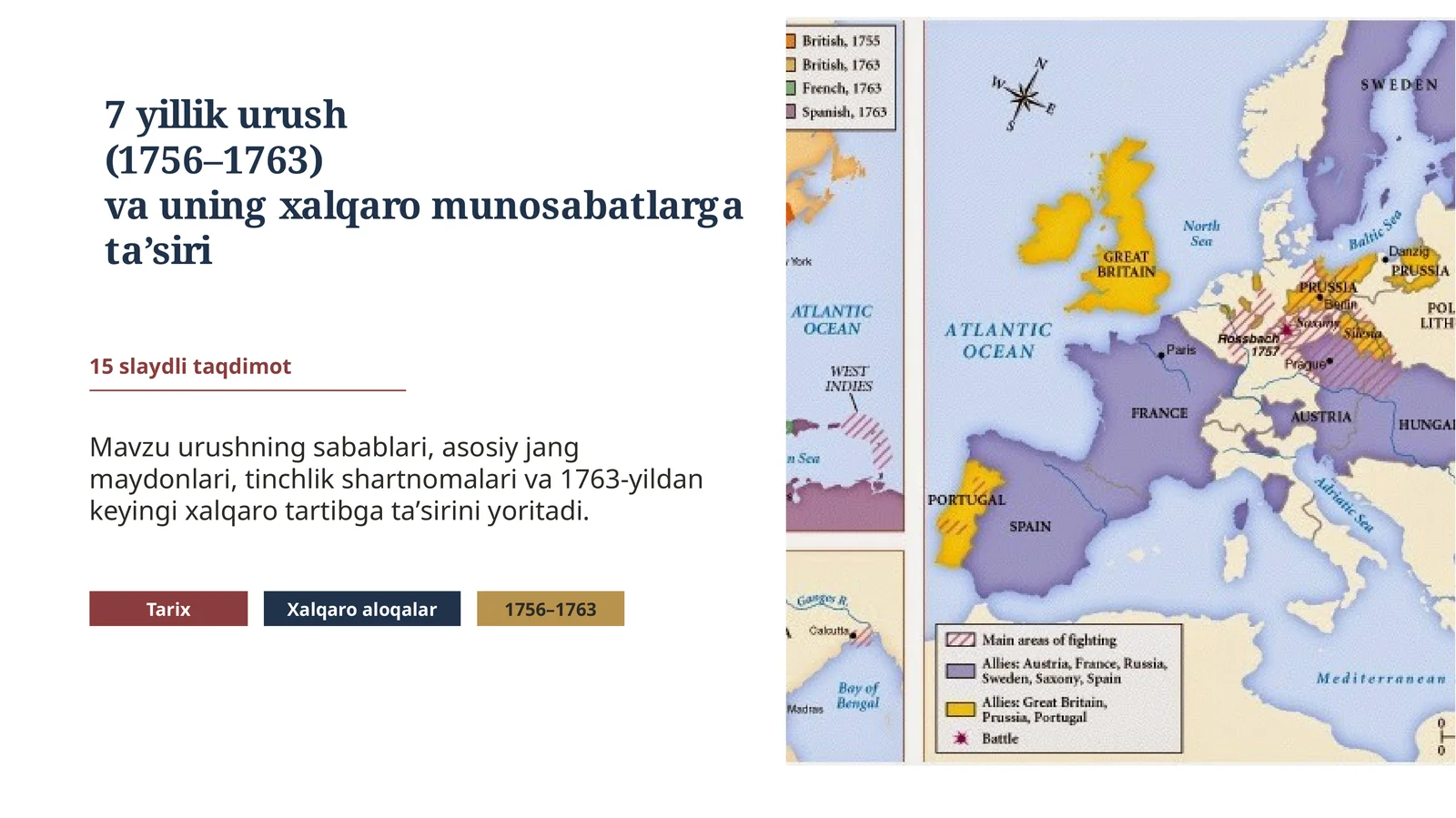 7 yillik urush (1756–1763) va uning xalqaro munosabatlarga taʼsiri 15 slaydli taqdimot