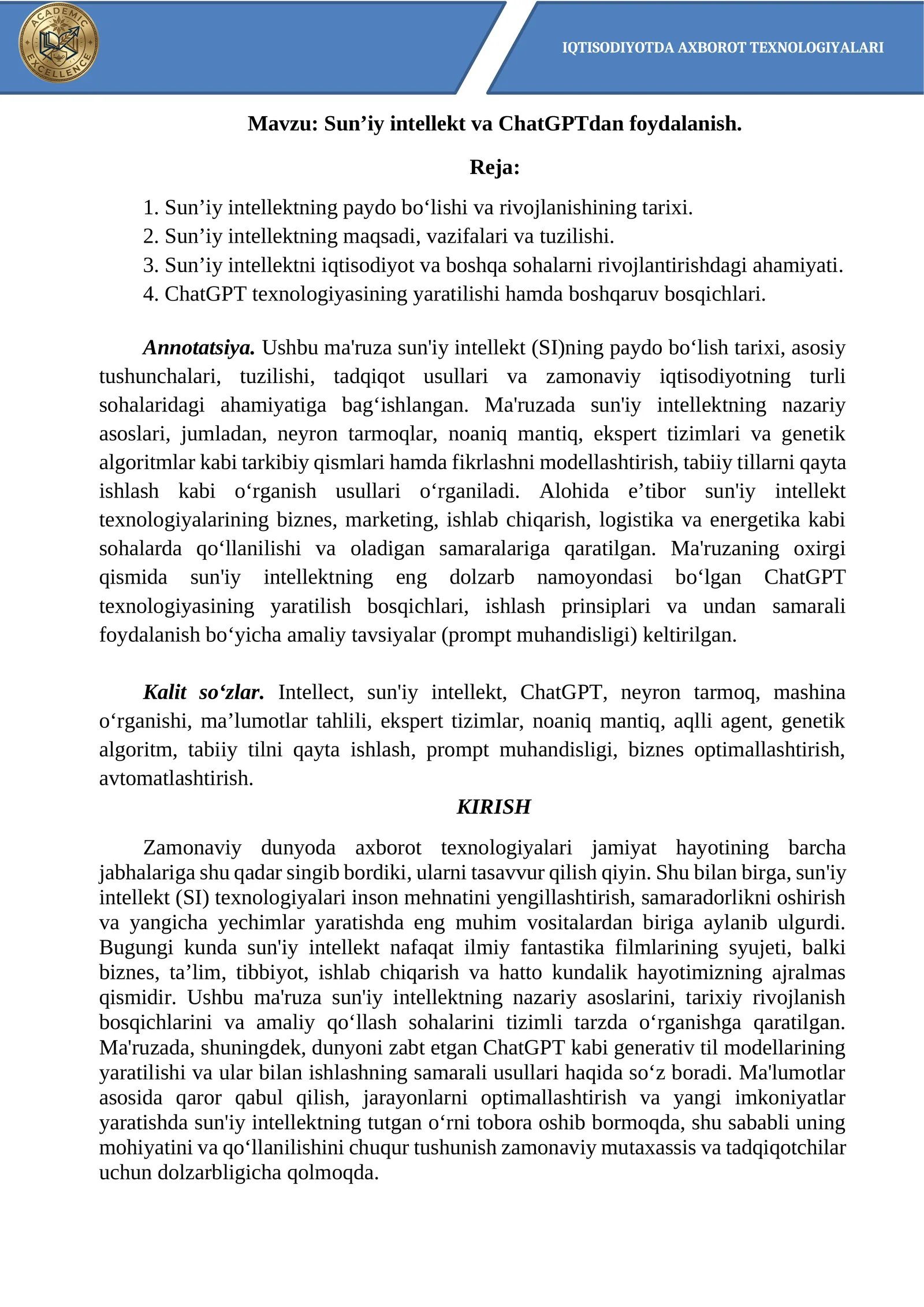 Sun’iy intellekt va ChatGPTdan foydalanish