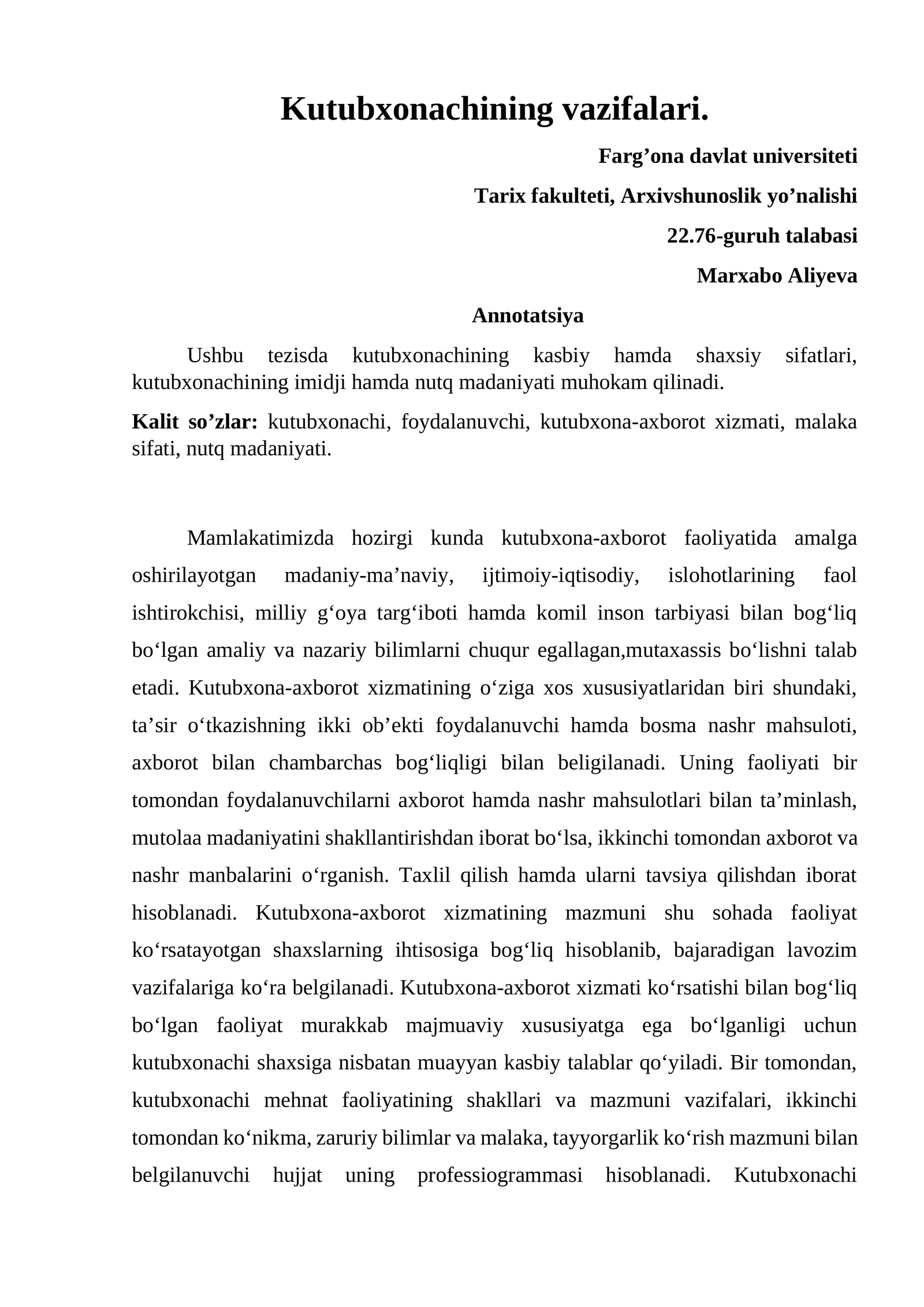 Kutubxonachining vazifalari