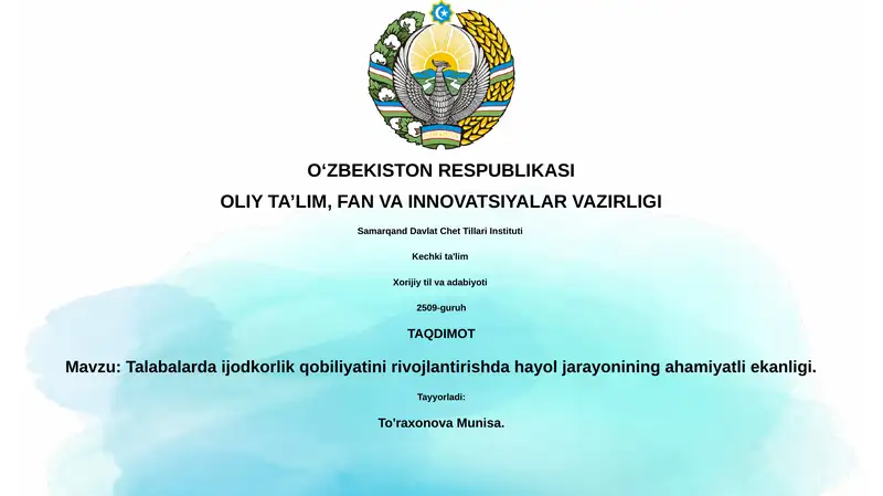 Talabalarda ijodkorlik qobiliyatini rivojlantirishda hayol jarayonining ahamiyati
