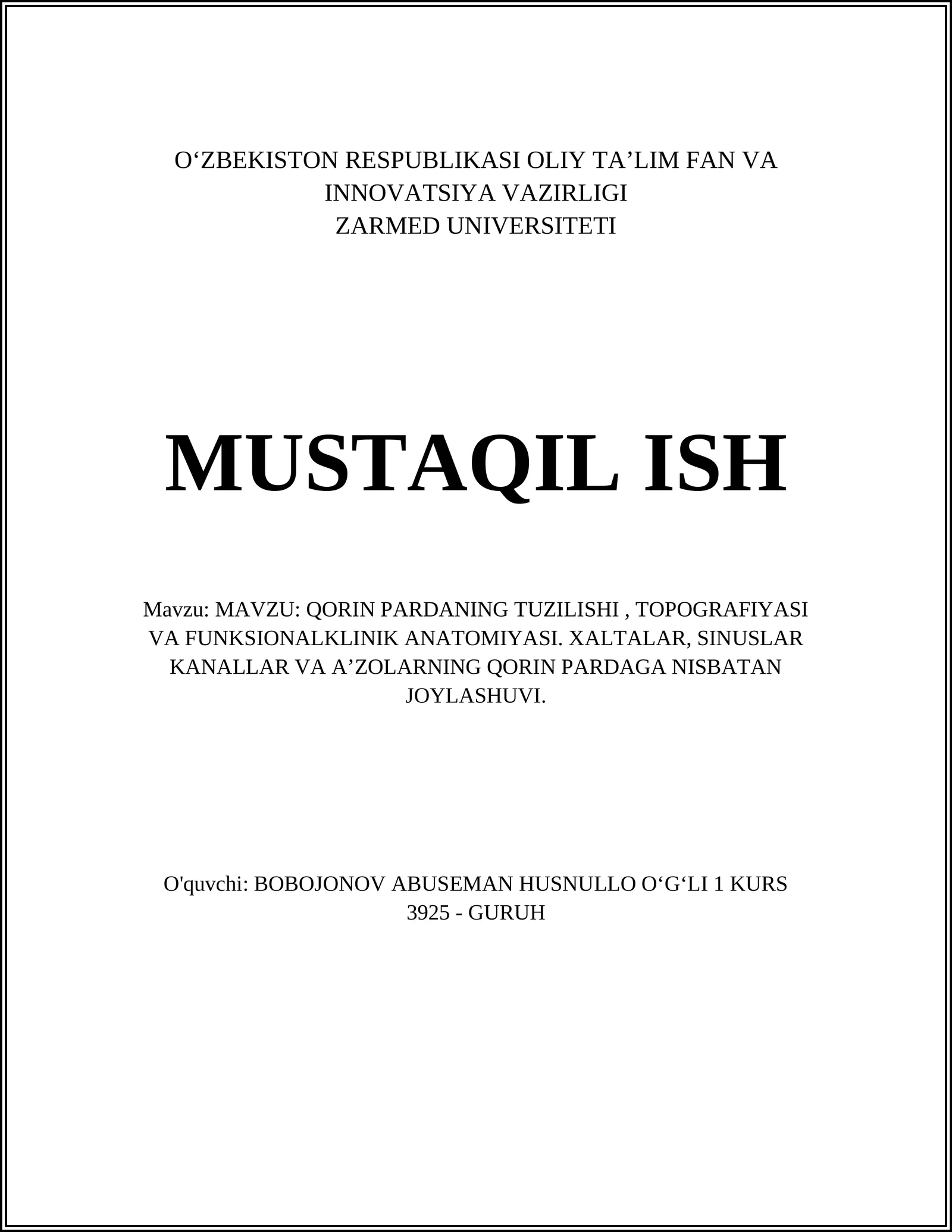 Qorin Pardaning Tuzilishi, Topografiyasi va Funktsionalklinik Anatomiya