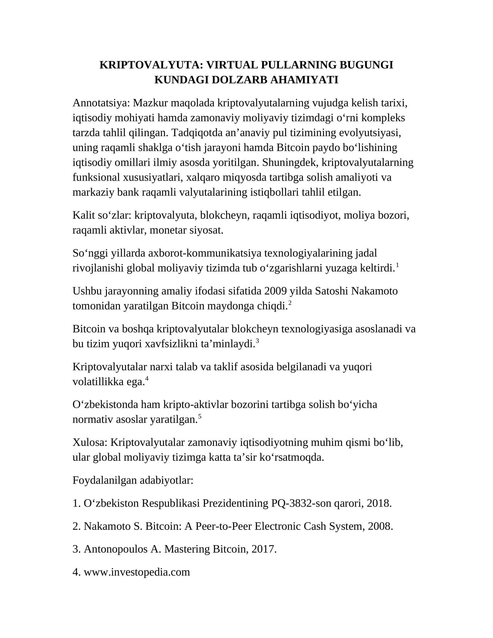 KRIPTOVALYUTA: VIRTUAL PULLARNING BUGUNGI KUNDAGI DOLZARB AHAMIYATI