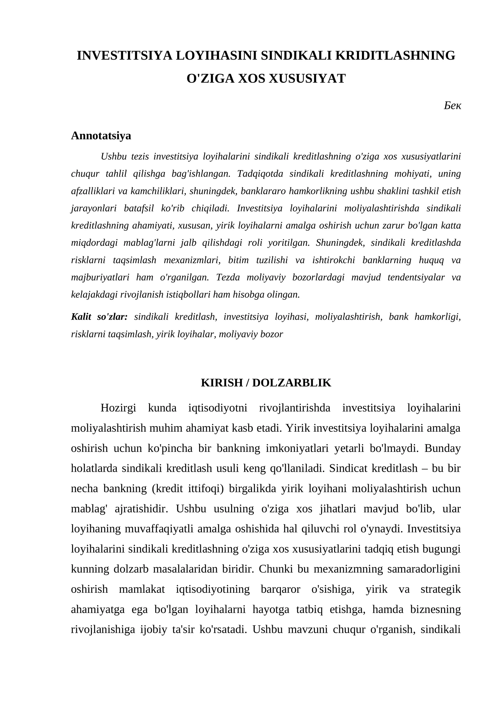 INVESTITSIYA LOYIHASINI SINDIKALI KRIDITLASHNING O'ZIGA XOS XUSUSIYAT