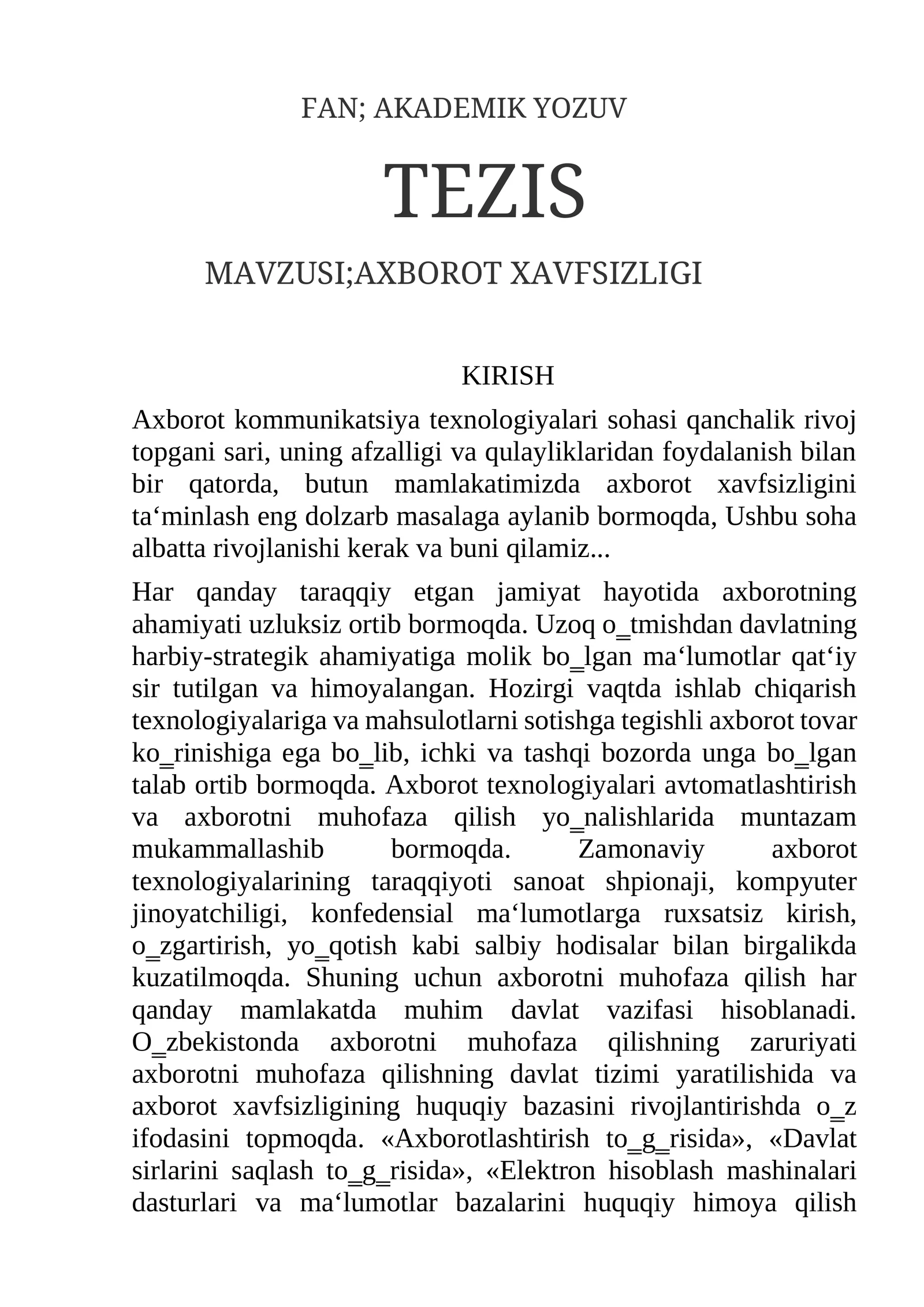FAN; AKADEMIK YOZUV TEZIS MAVZUSI;AXBOROT XAVFSIZLIGI