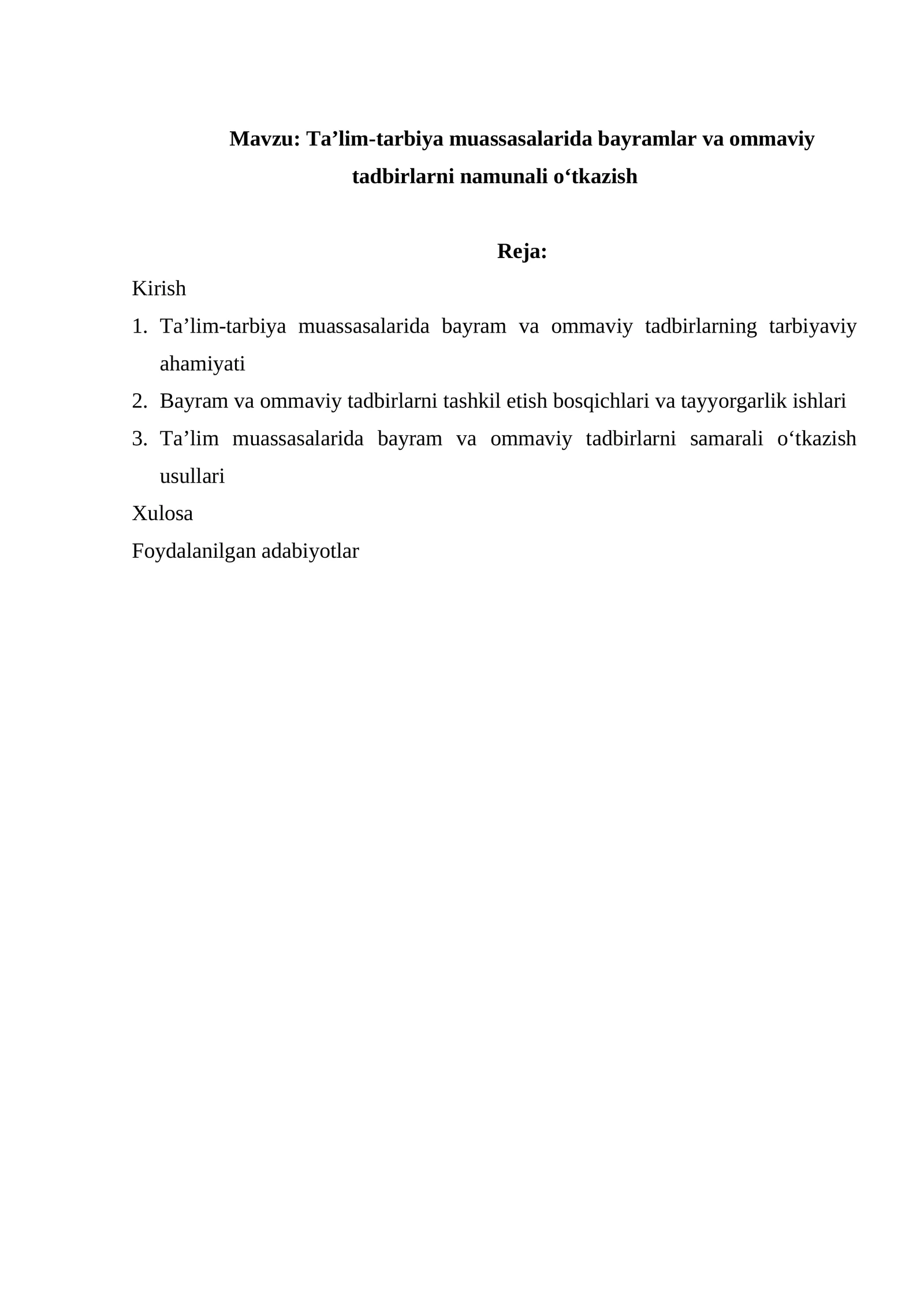 Ta’lim-tarbiya muassasalarida bayramlar va ommaviy tadbirlarni namunali o‘tkazish