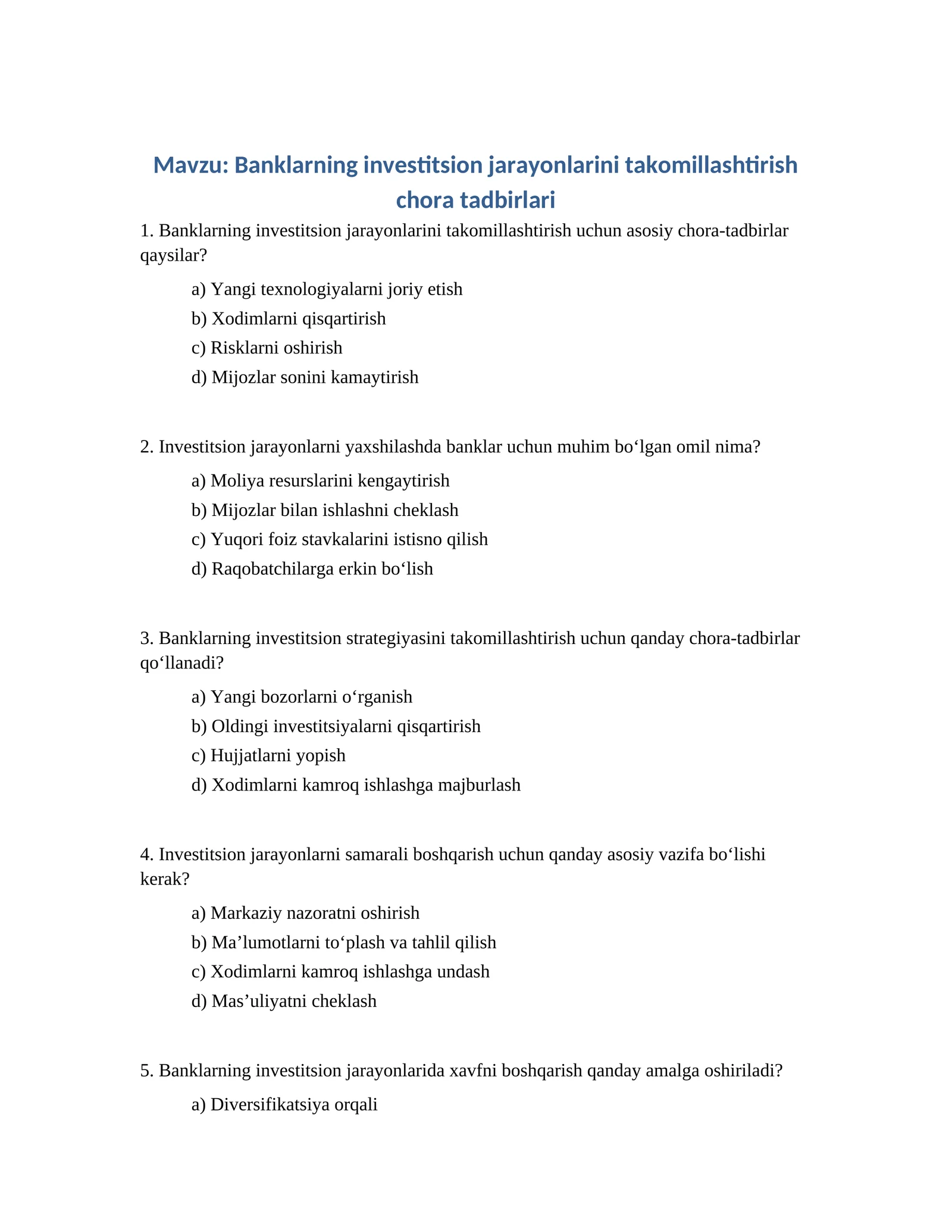 Banklarning investitsion jarayonlarini takomillashtirish chora tadbirlari