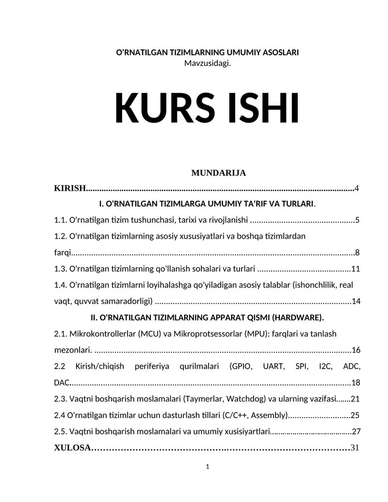 O'RNATILGAN TIZIMLARNING UMUMIY ASOSLARI