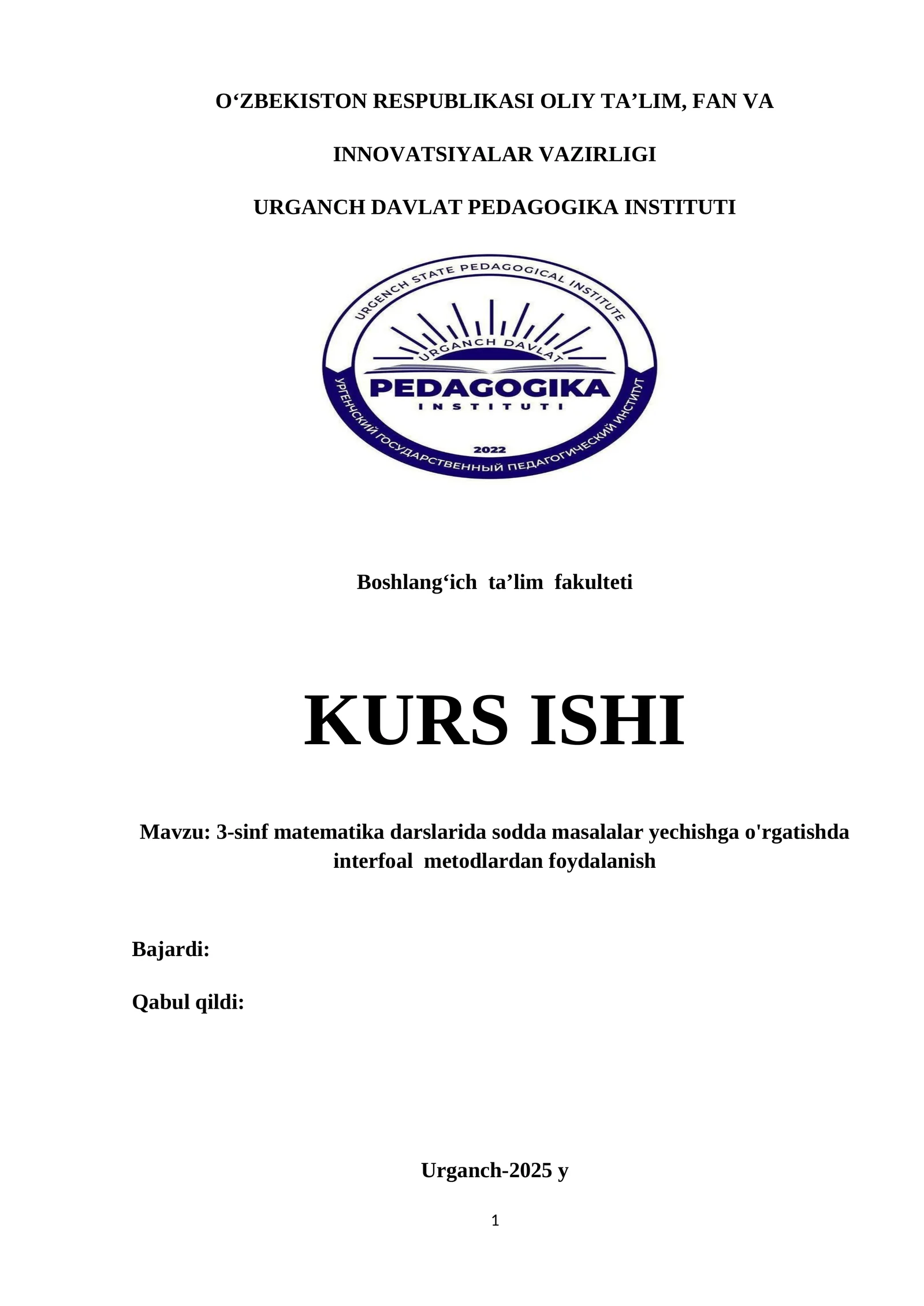 3-sinf matematika darslarida sodda masalalar yechishga o'rgatishda interfoal metodlardan foydalanish