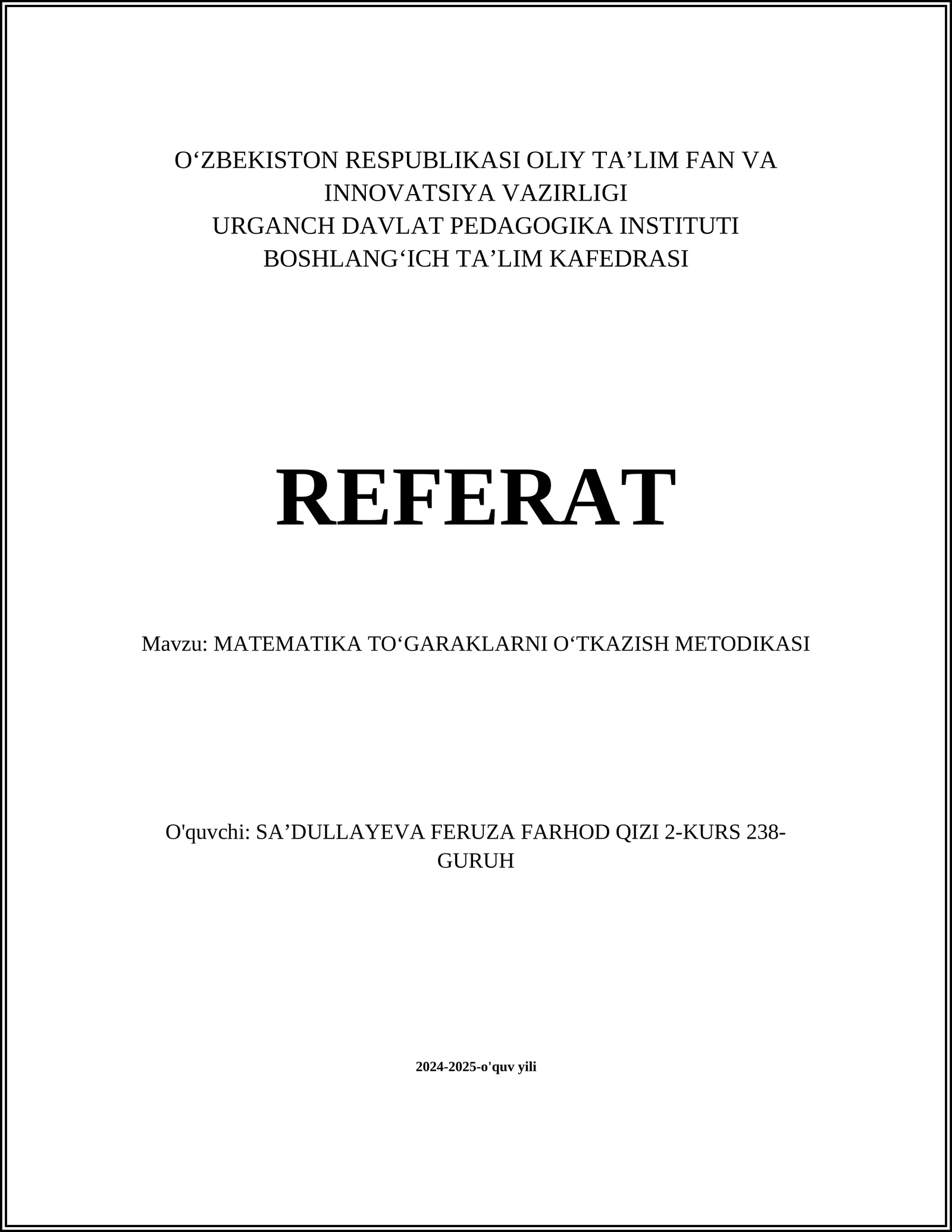 MATEMATIKA TOʻGARAKLARNI OʻTKAZISH METODIKASI