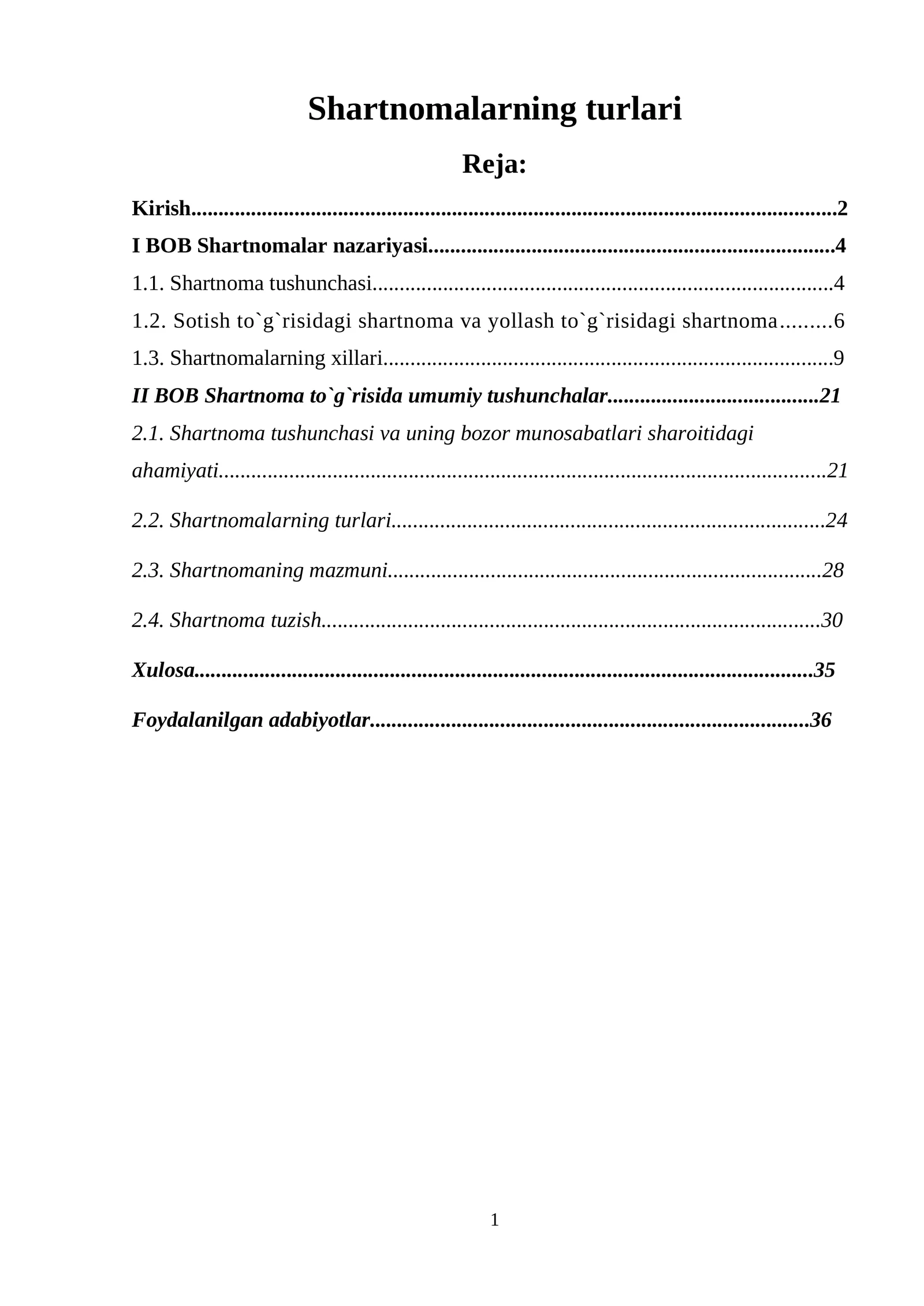 Shartnomalarning turlari. Kurs ishi