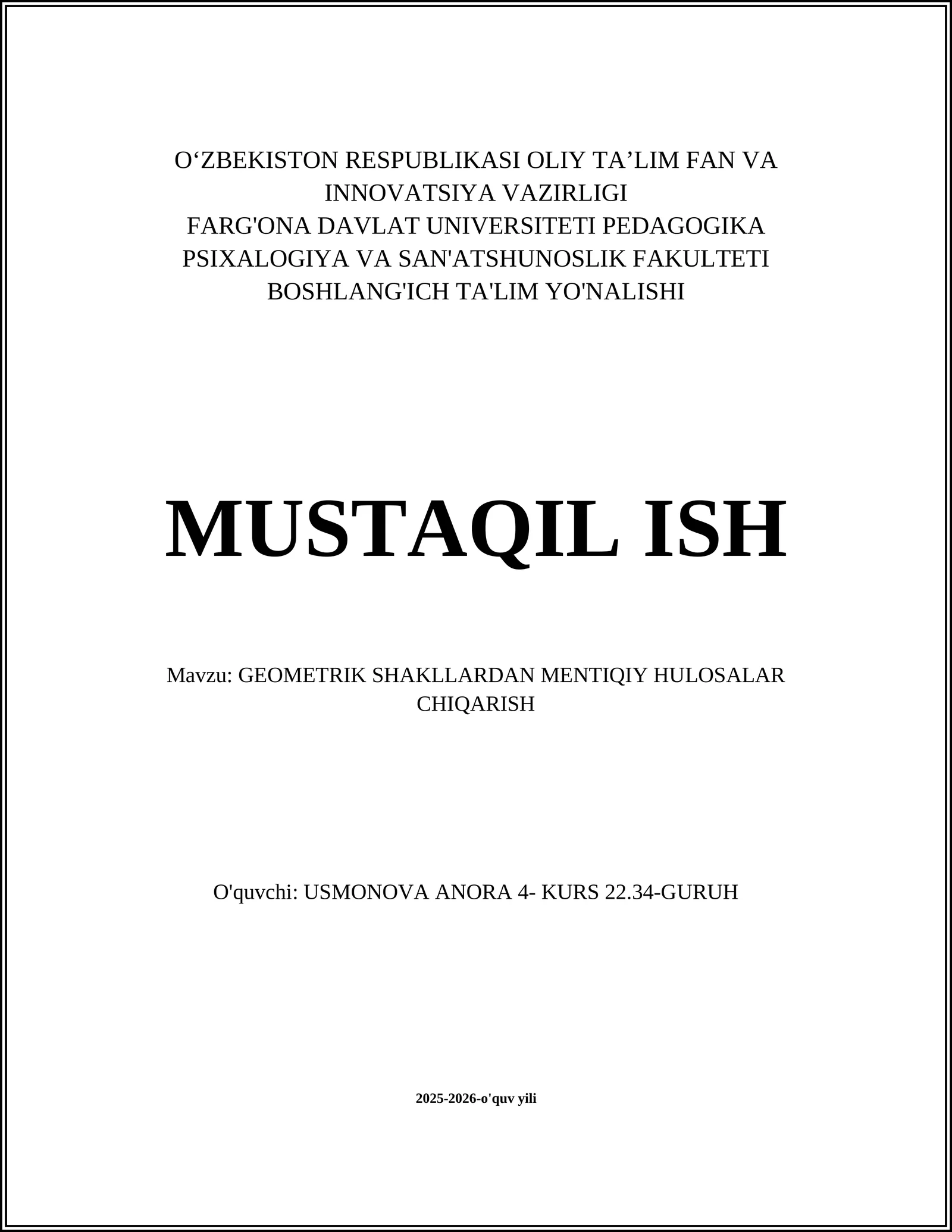 GEOMETRIK SHAKLLARDAN MENTIQIY HULOSALAR CHIQARISH