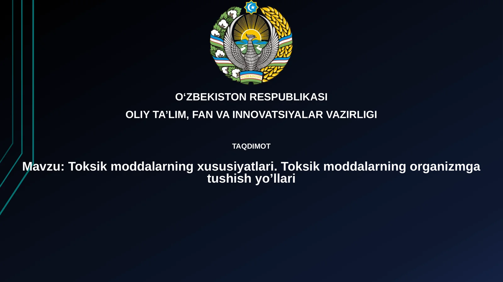 Toksik moddalarning xususiyatlari.Toksik moddalarning organizmgatushishyo’llari