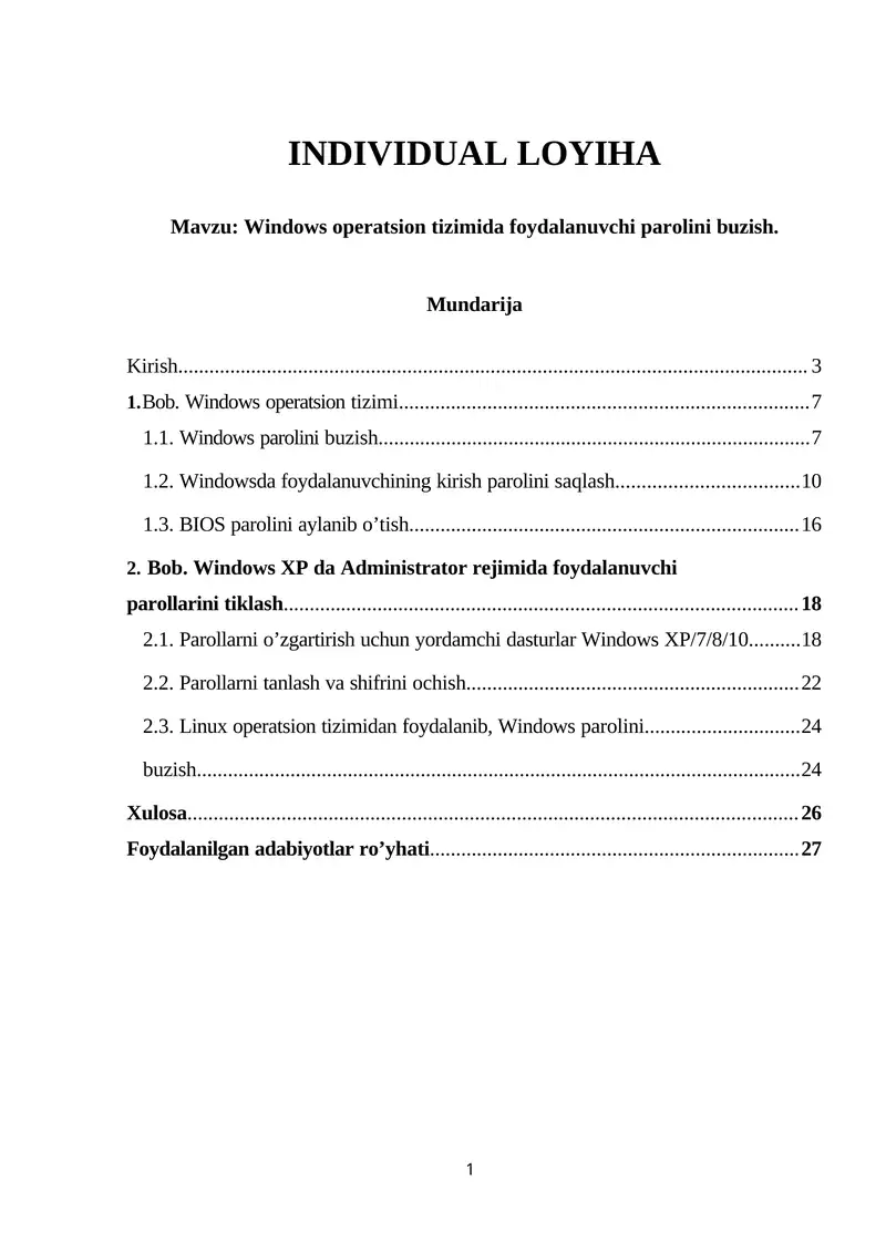 Windows operatsion tizimida foydalanuvchi parolini buzish