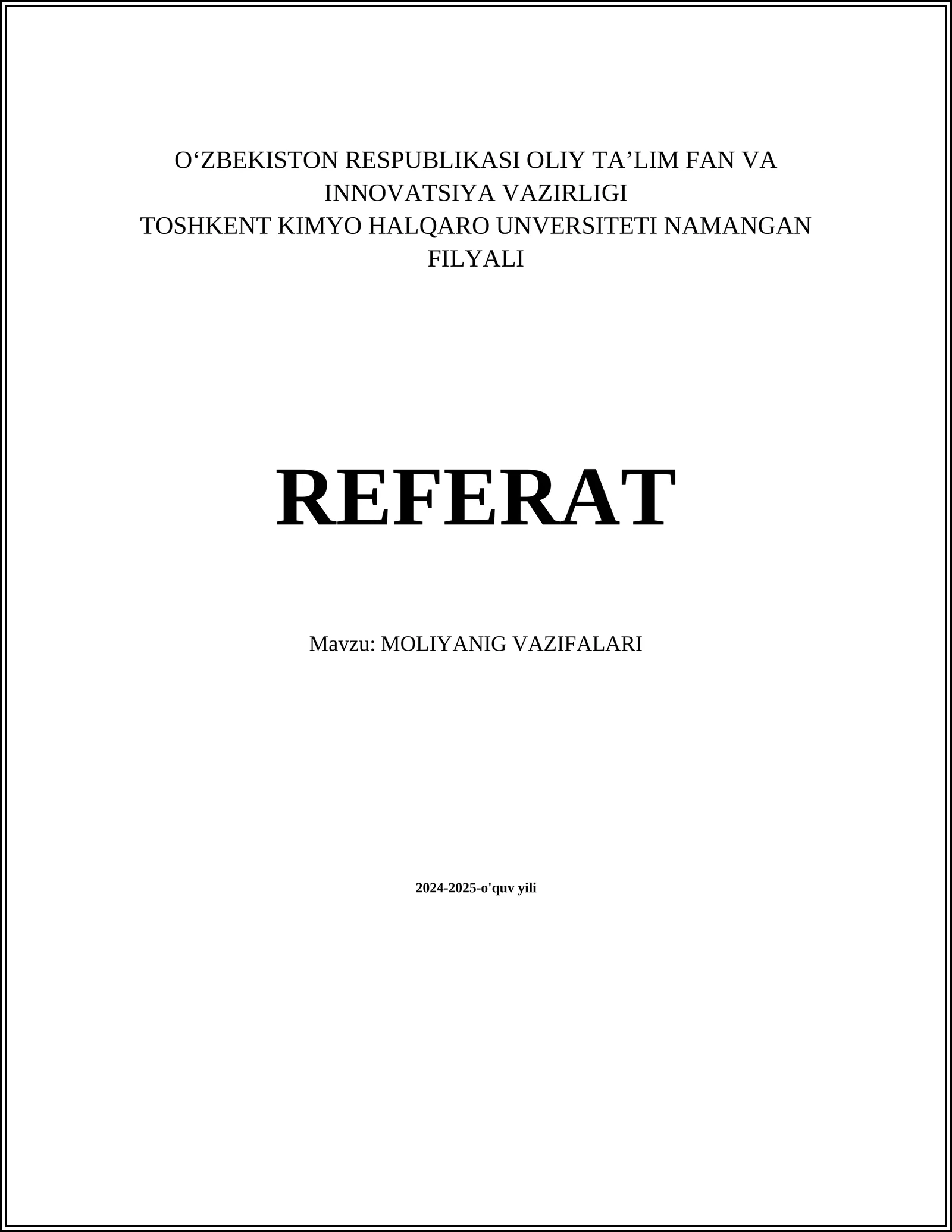 MOLIYANIG VAZIFALARI