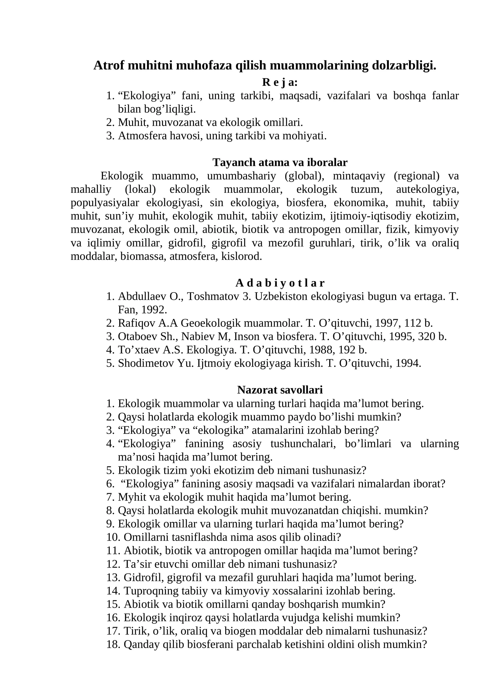 Ekologiya fanining muhitni muhofaza qilish muammolarining dolzarbligi