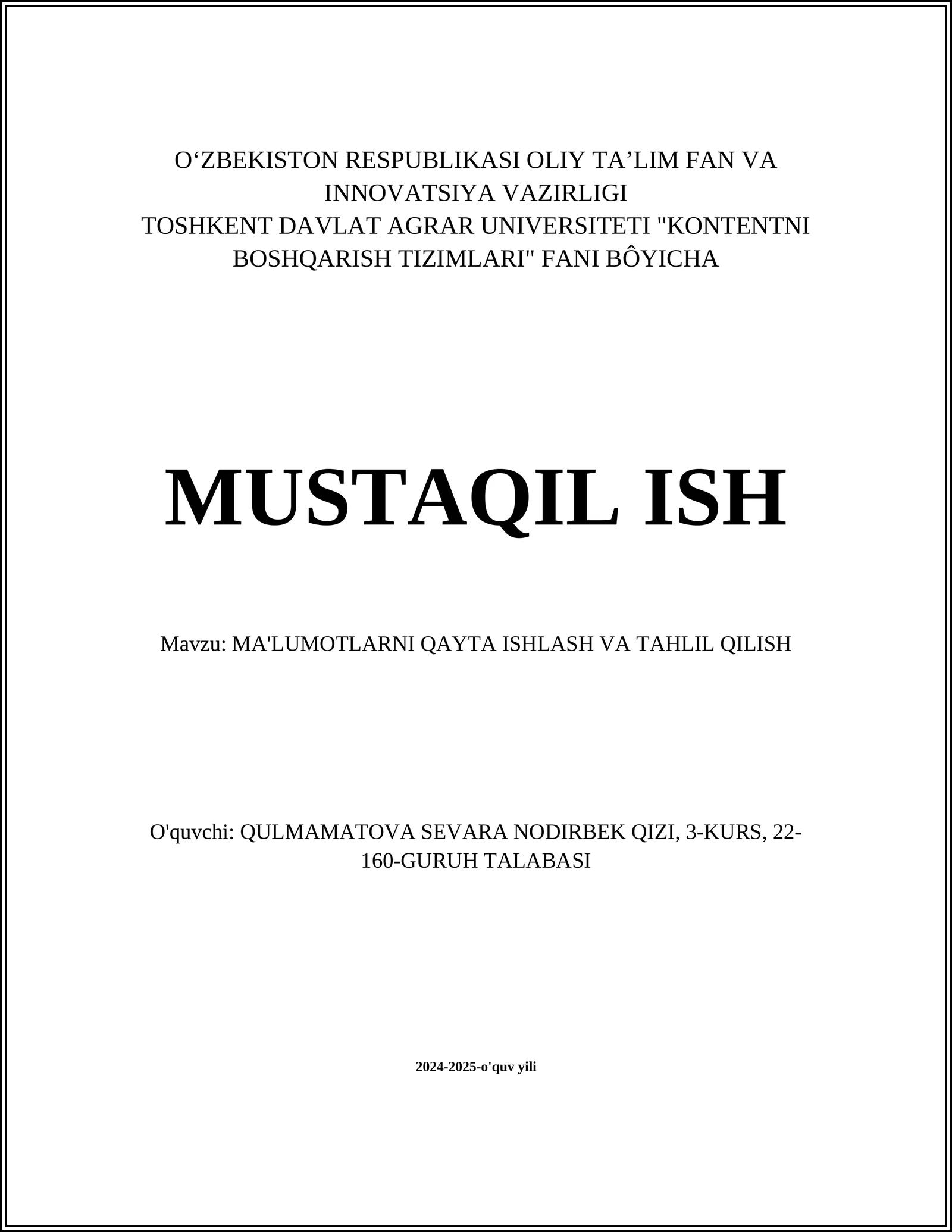 MA'LUMOTLARNI QAYTA ISHLASH VA TAHLIL QILISH