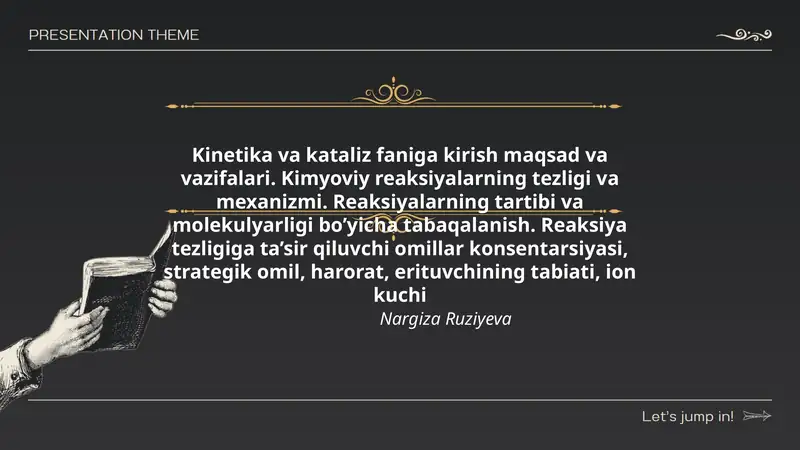 Kinetika va kataliz faniga kirish maqsad va vazifalari. Kimyoviy reaksiyalarning tezligi va mexanizmi. Reaksiyalarning tartibi va molekulyarligi bo’yicha tabaqalanish. Reaksiya tezligiga ta’sir qiluvchi omillar konsentarsiyasi, strategik omil, harorat, erituvchining tabiati, ion kuchi