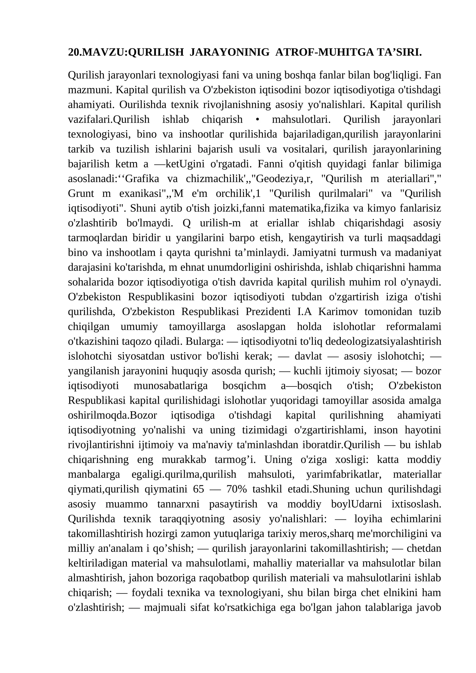 QURILISH JARAYONINIG ATROF-MUHITGA TA’SIRI