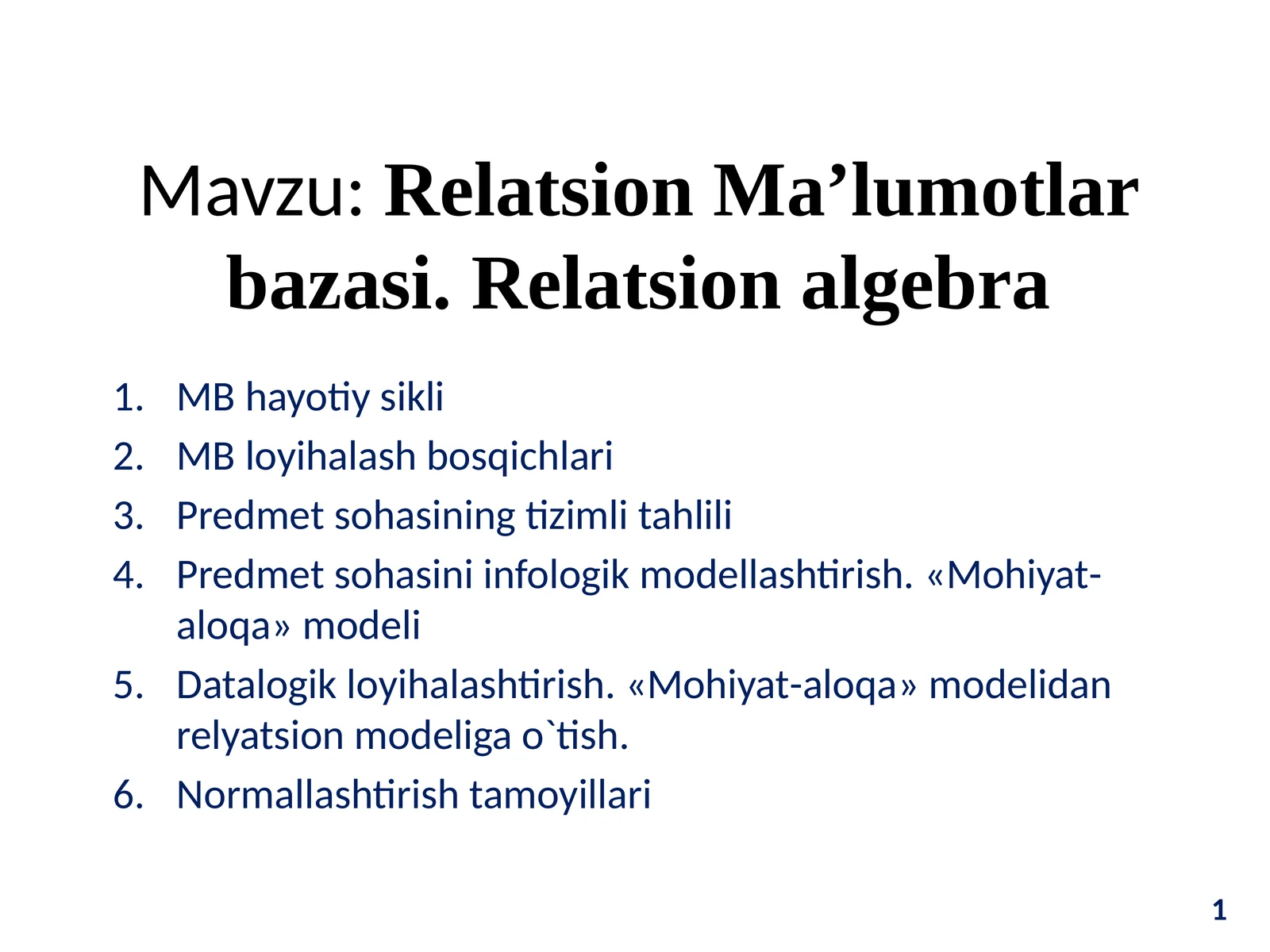 RelatsionMa’lumotlarbazasi.Relatsionalgebra
