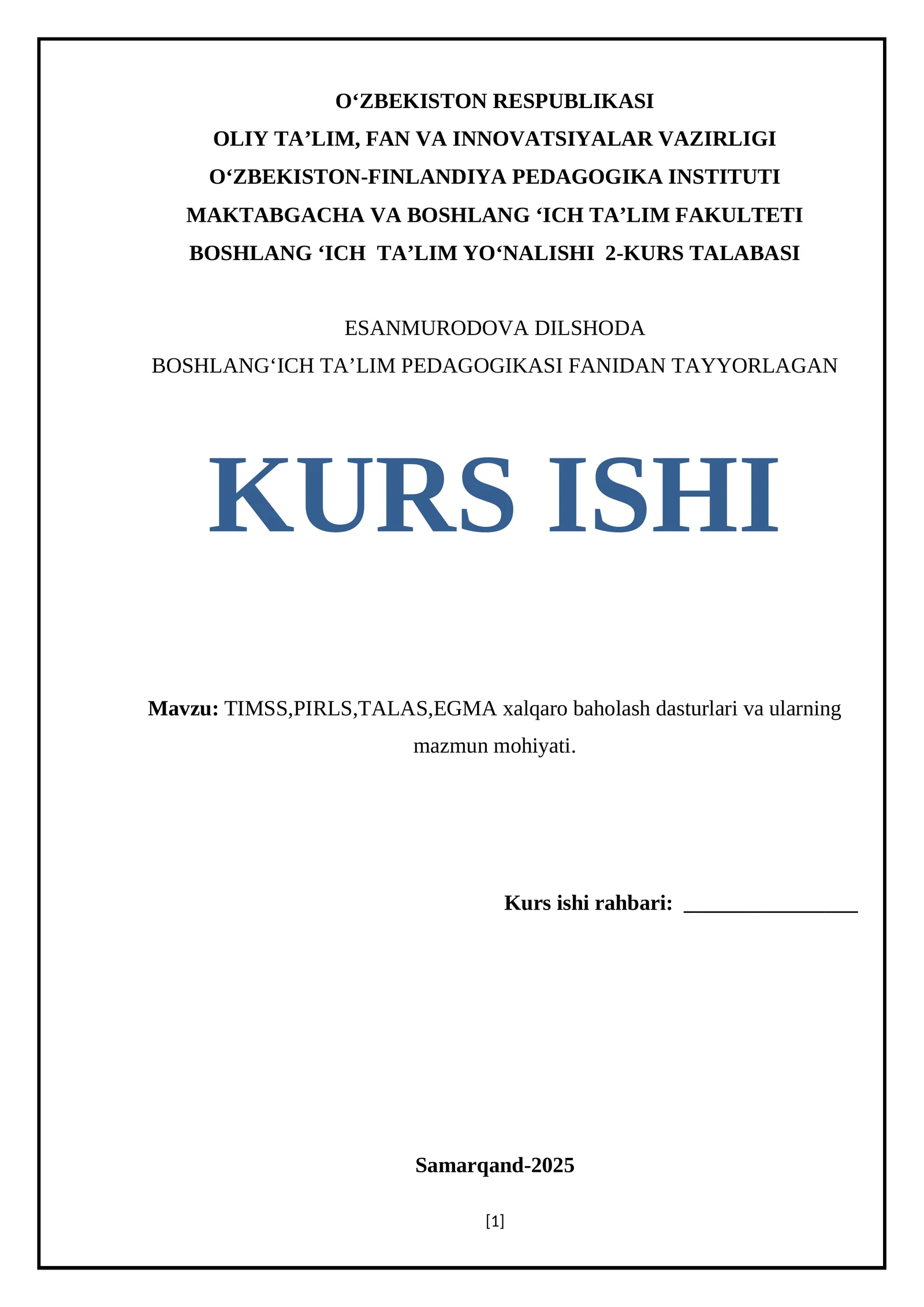 BOSHLANGʻICH TAʼLIM PEDAGOGIKASI FANIDAN TAYYORLAGAN KURS ISHI