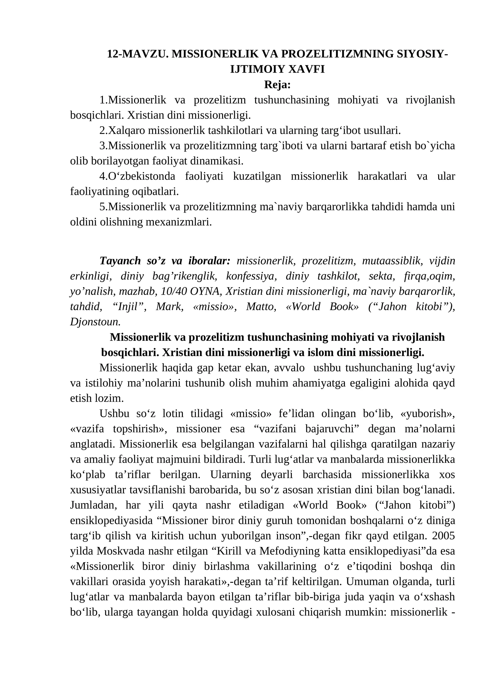12-MAVZU. MISSIONERLIK VA PROZELITIZMNING SIYOSIY- IJTIMOIY XAVFI