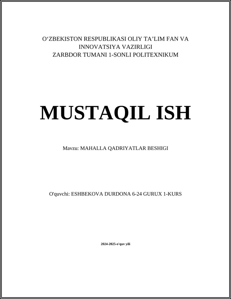 MAHALLA QADRIYATLAR BESHIGI