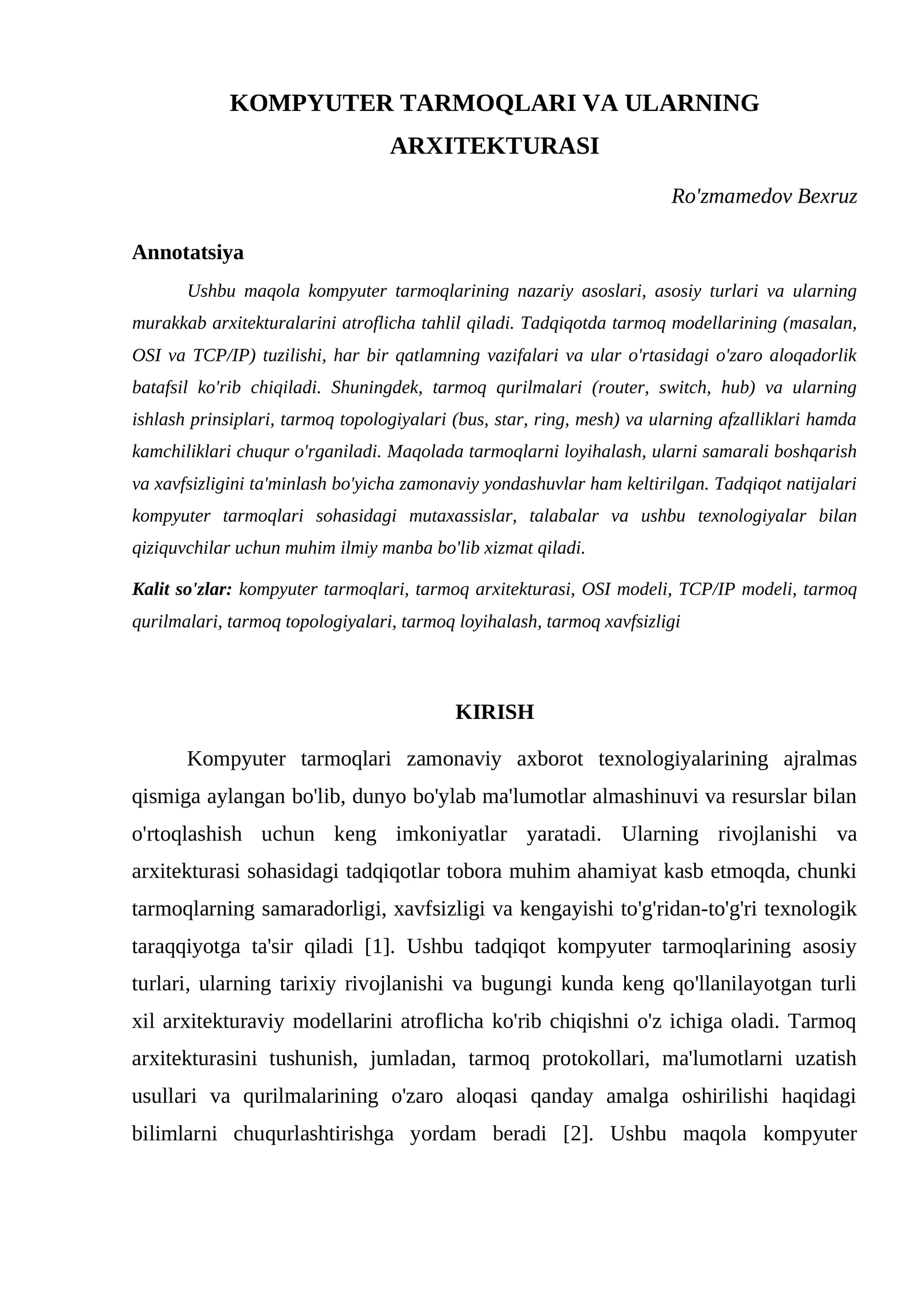 KOMPYUTER TARMOQLARI VA ULARNING ARXITEKTURASI