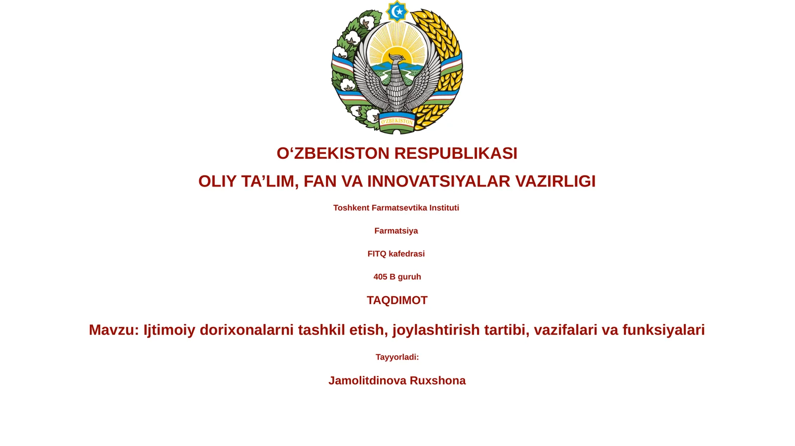 Ijtimoiy dorixonalarni tashkil etish, joylashtirish tartibi, vazifalari va funksiyalari
