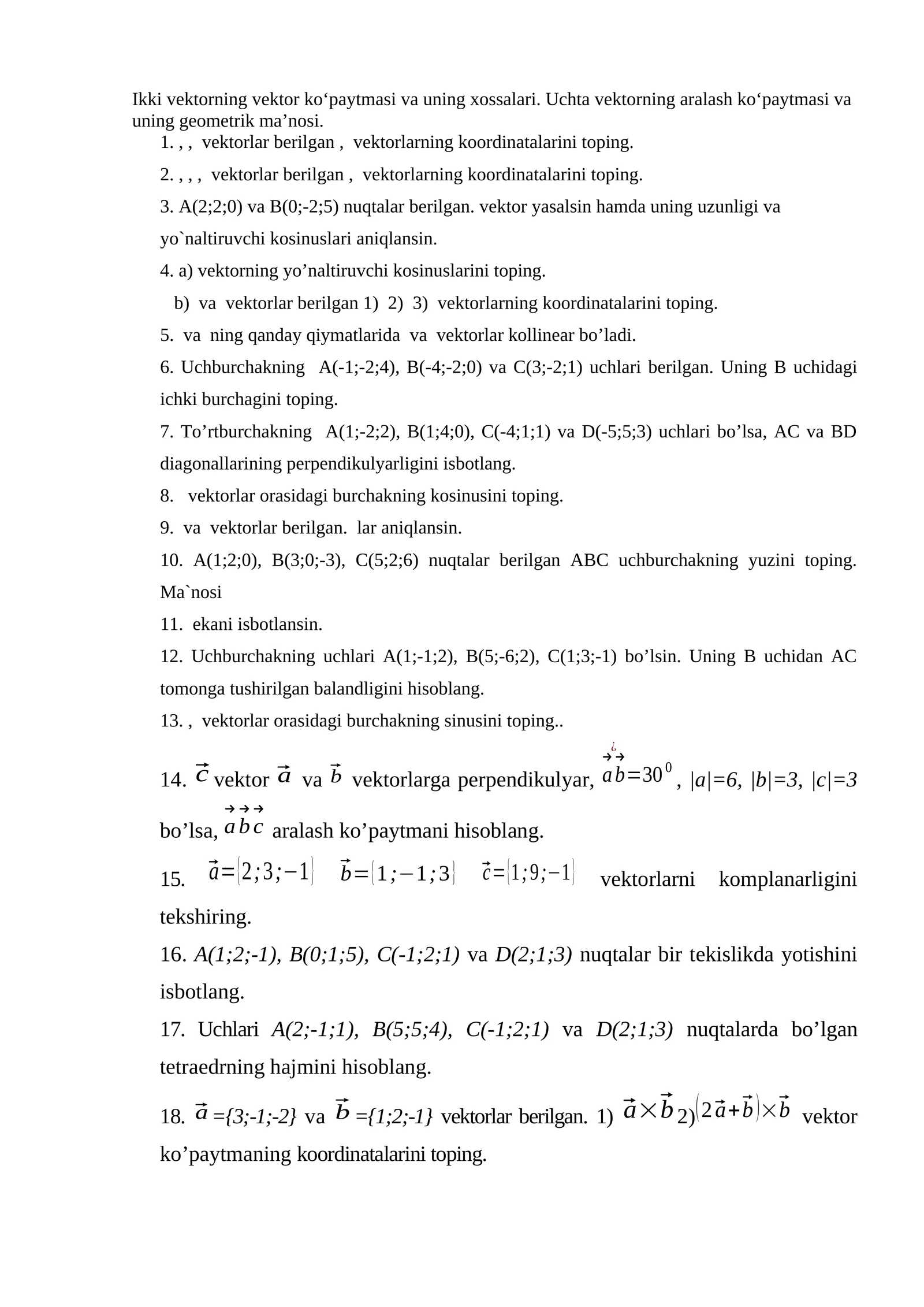 Ikki vektorning vektor ko‘paytmasi va uning xossalari