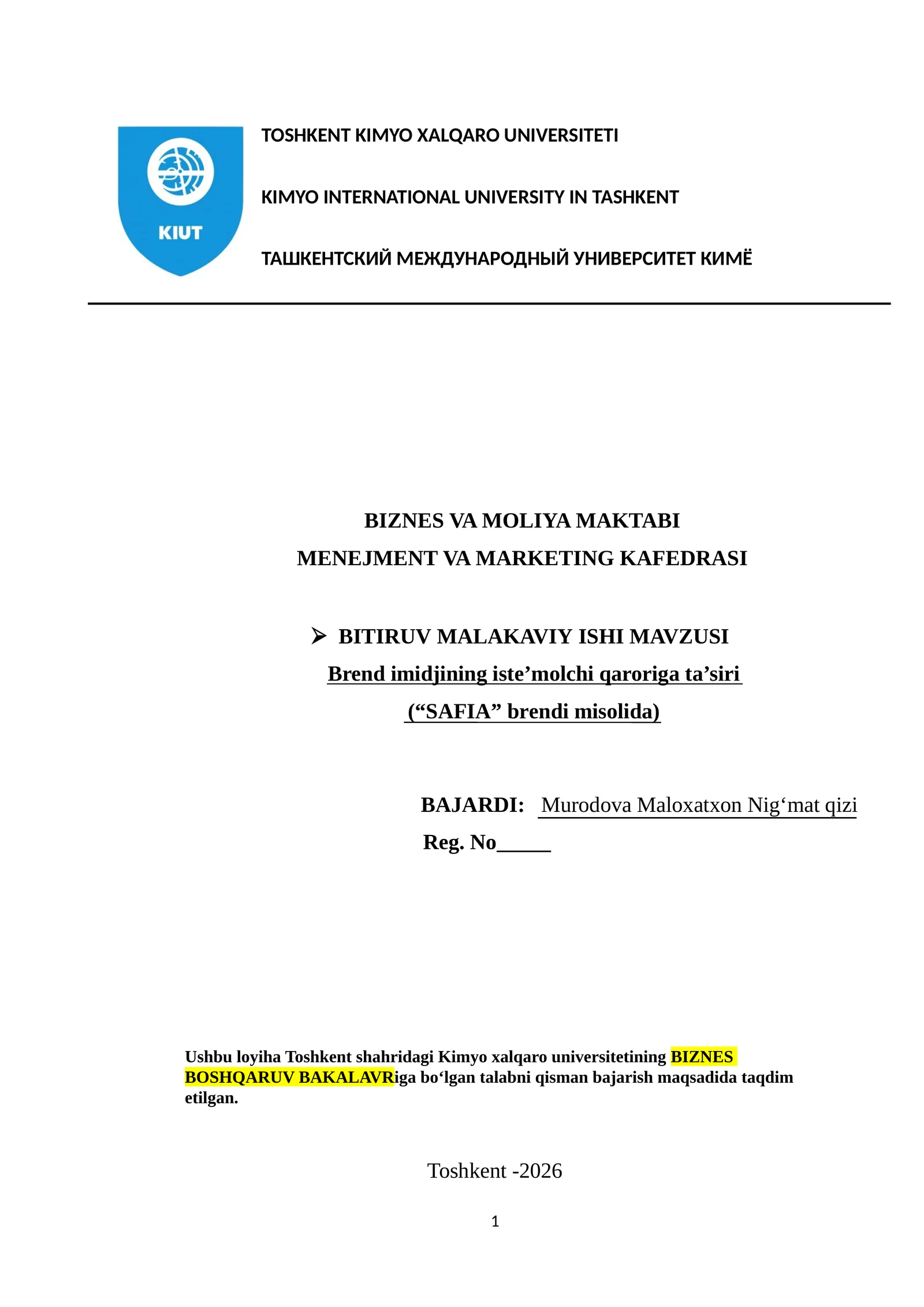 BMI. Brend imidjining iste’molchi qaroriga ta’siri (“SAFIA” brendi misolida)