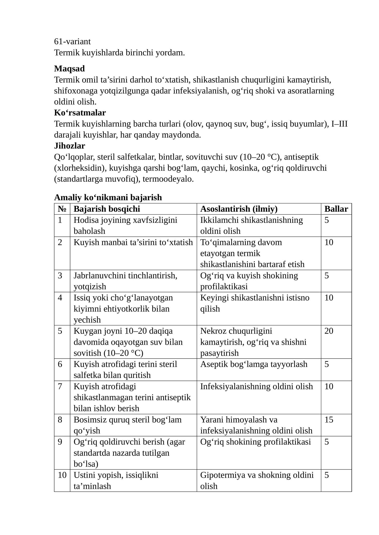 61-variant Termik kuyishlarda birinchi yordam