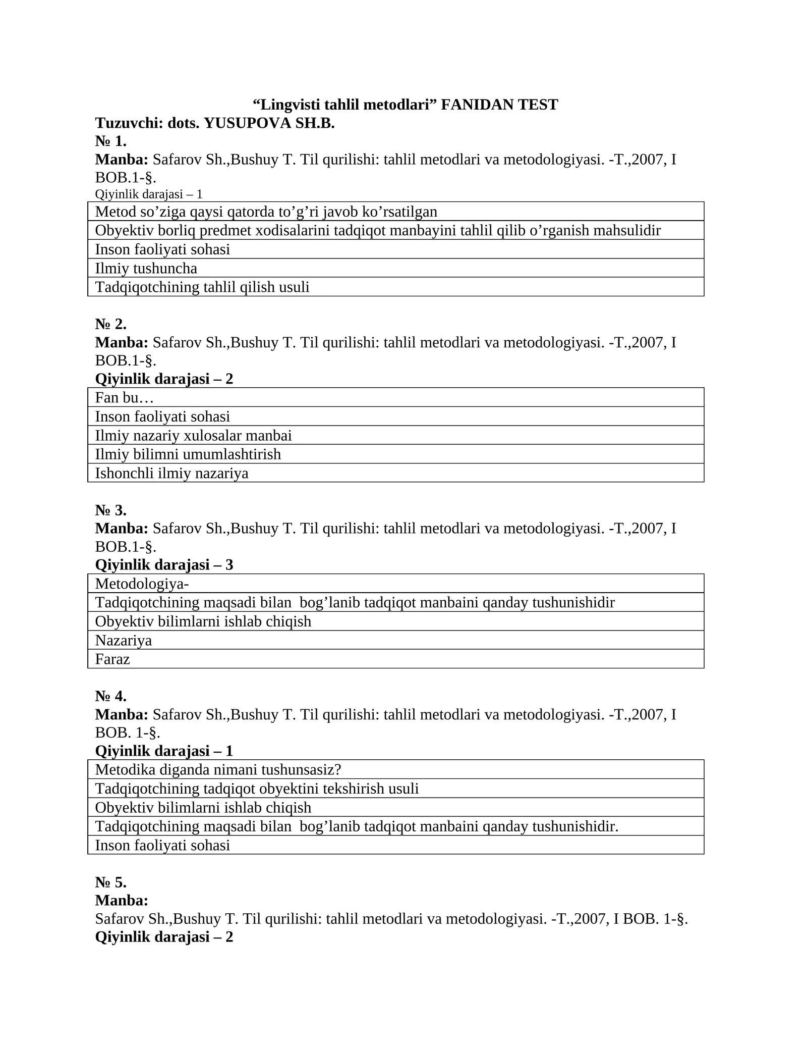 Lingvisti tahlil metodlari FANIDAN TEST