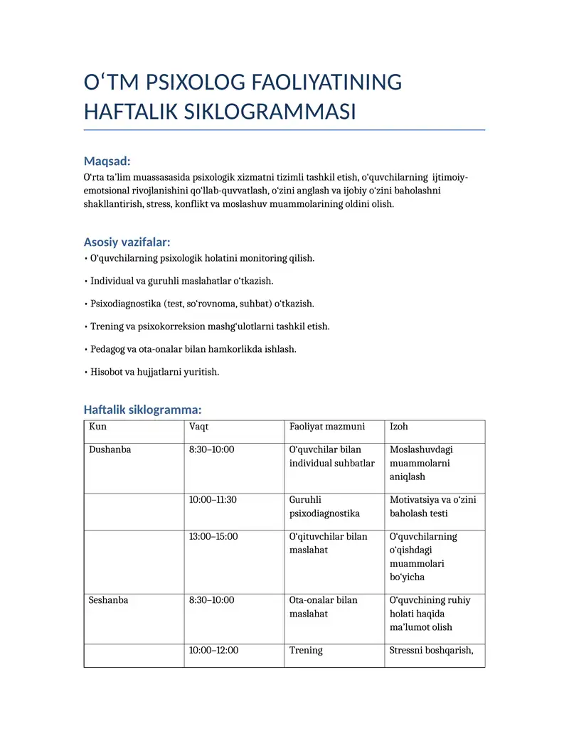 O‘TM PSIXOLOG FAOLIYATINING HAFTALIK SIKLOGRAMMASI