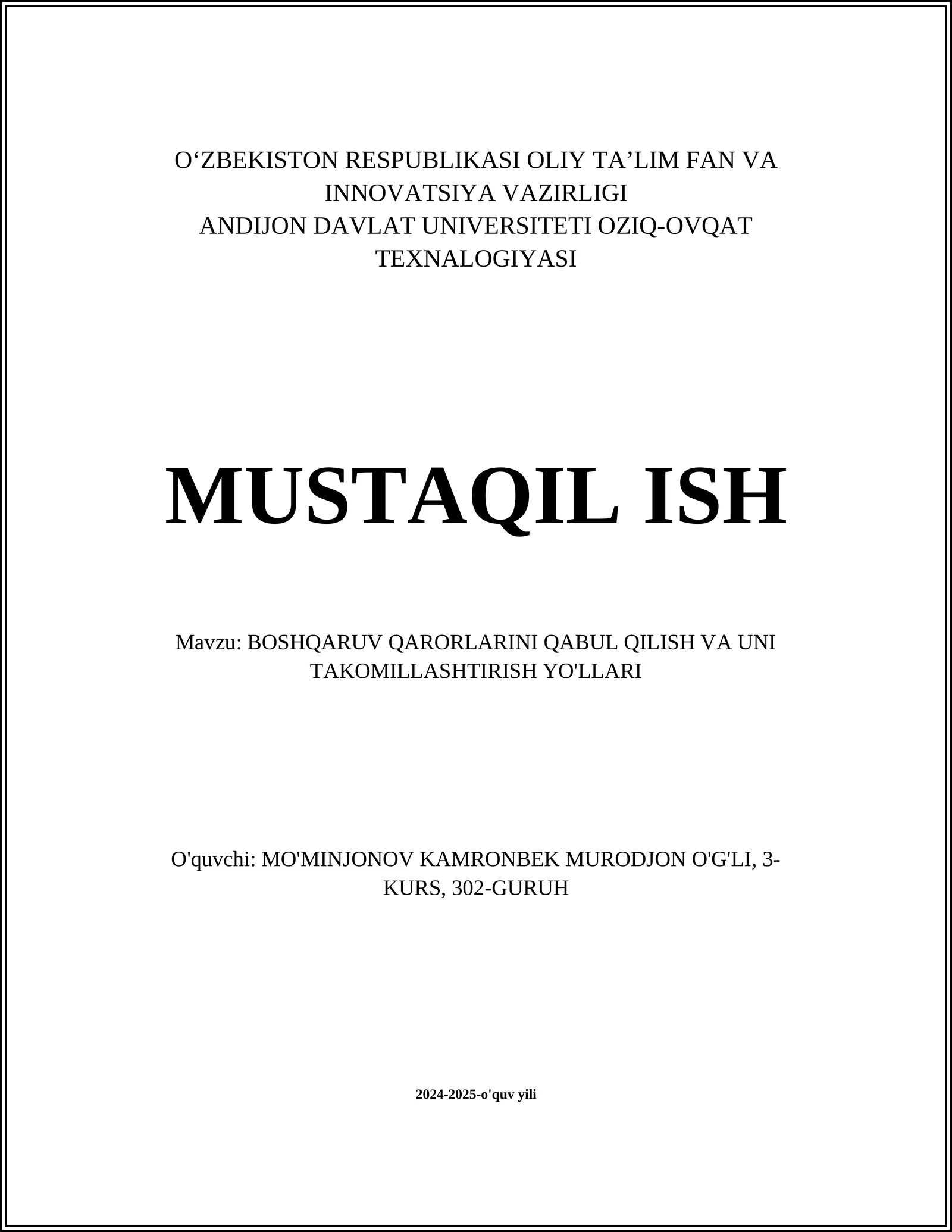 BOSHQARUV QARORLARINI QABUL QILISH VA UNI TAKOMILLASHTIRISH YO'LLARI