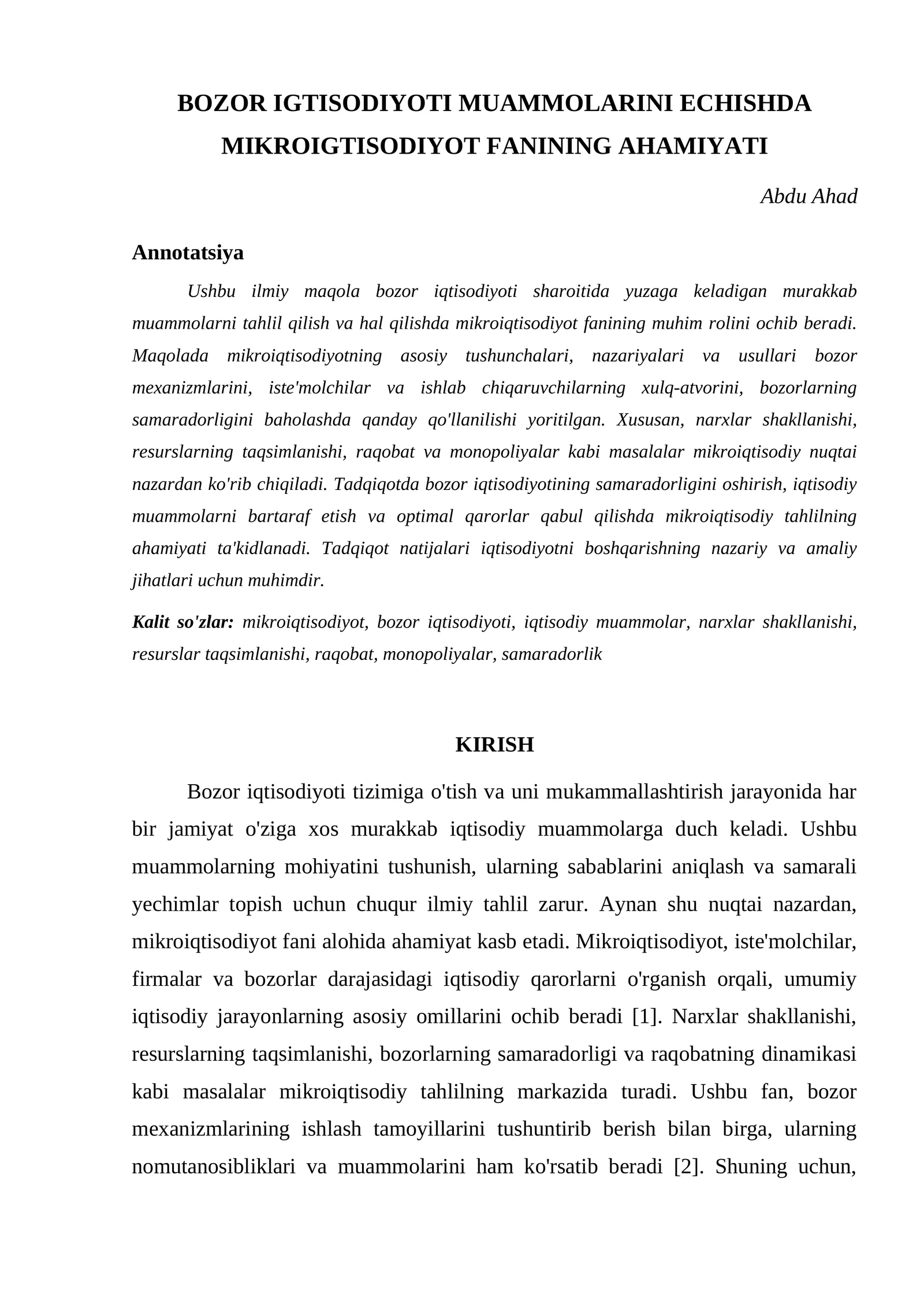MIKROIGTISODIYOT FANINING BOZOR IQTISODIYOTI MUAMMOLARINI ECHISHDA AHAMIYATI