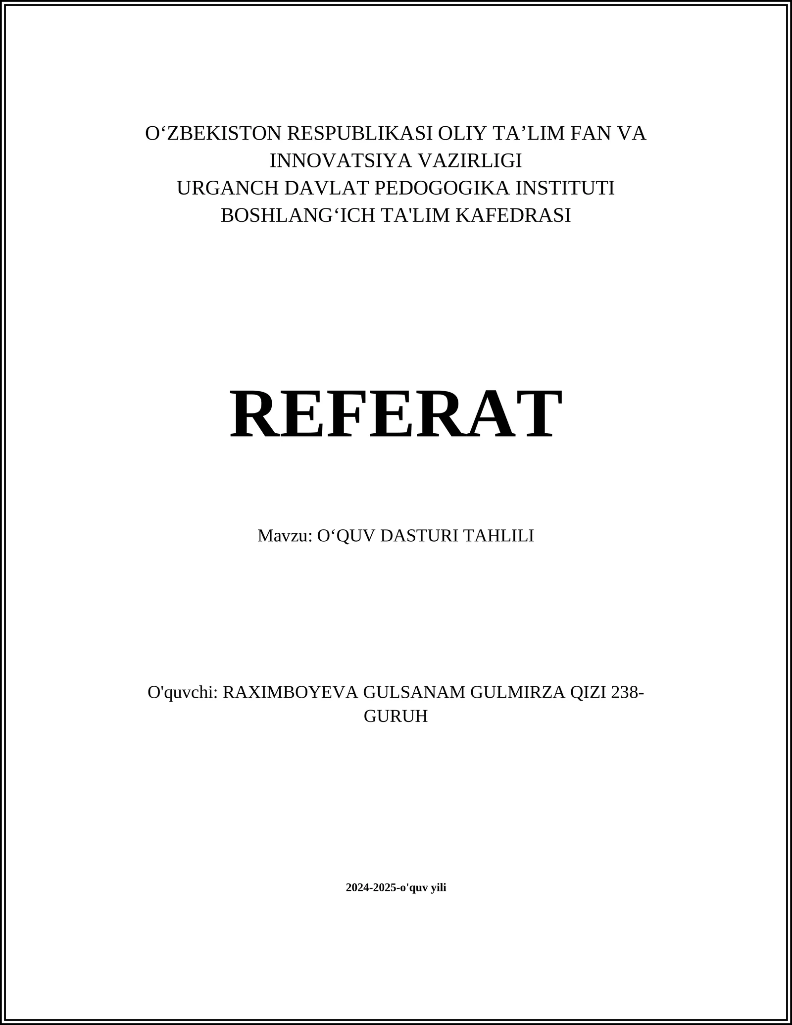 OʻQUV DASTURI TAHLILI