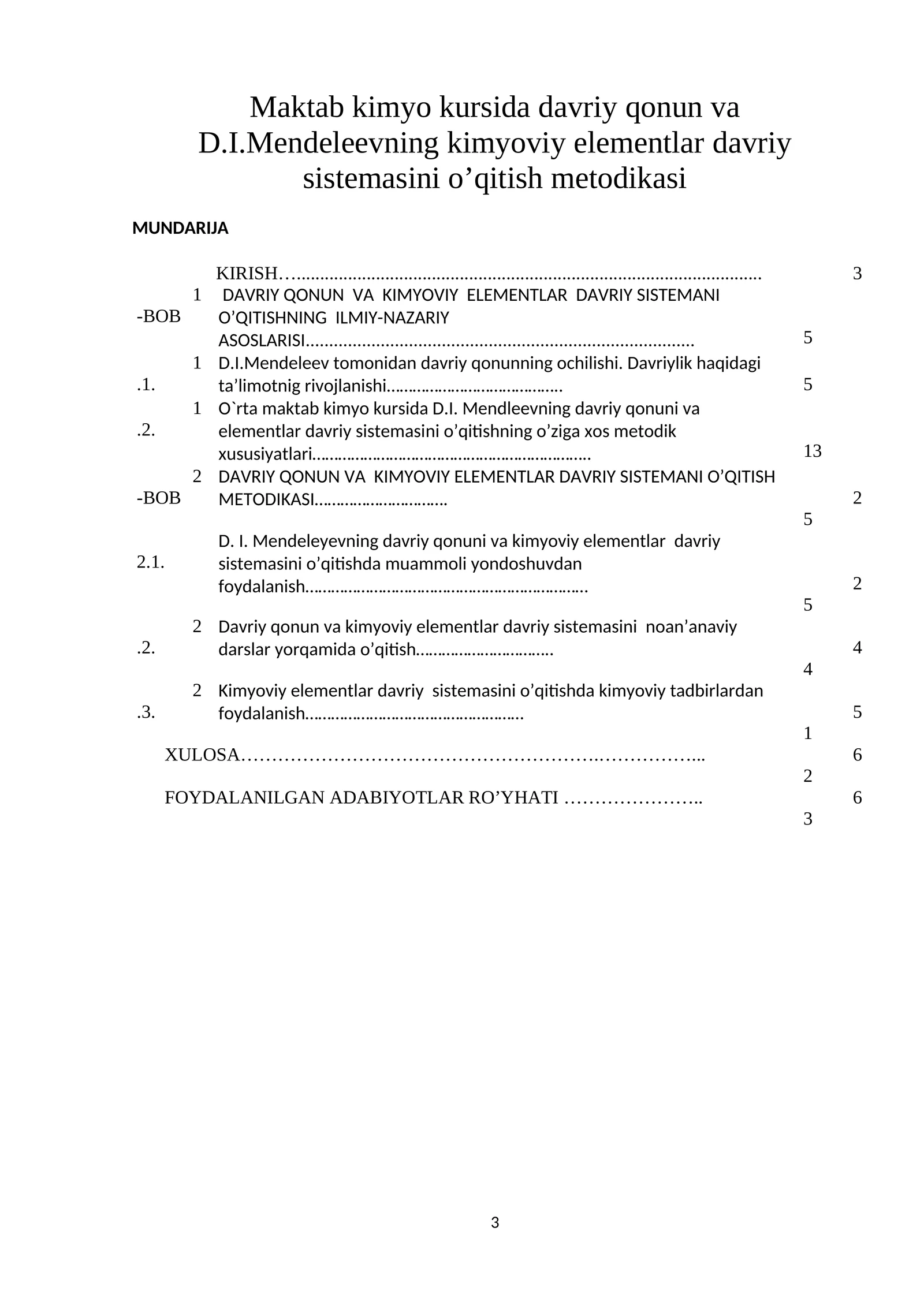 Maktab kimyo kursida davriy qonun va D.I.Mendeleevning kimyoviy elementlar davriy sistemasini o’qitish metodikasi