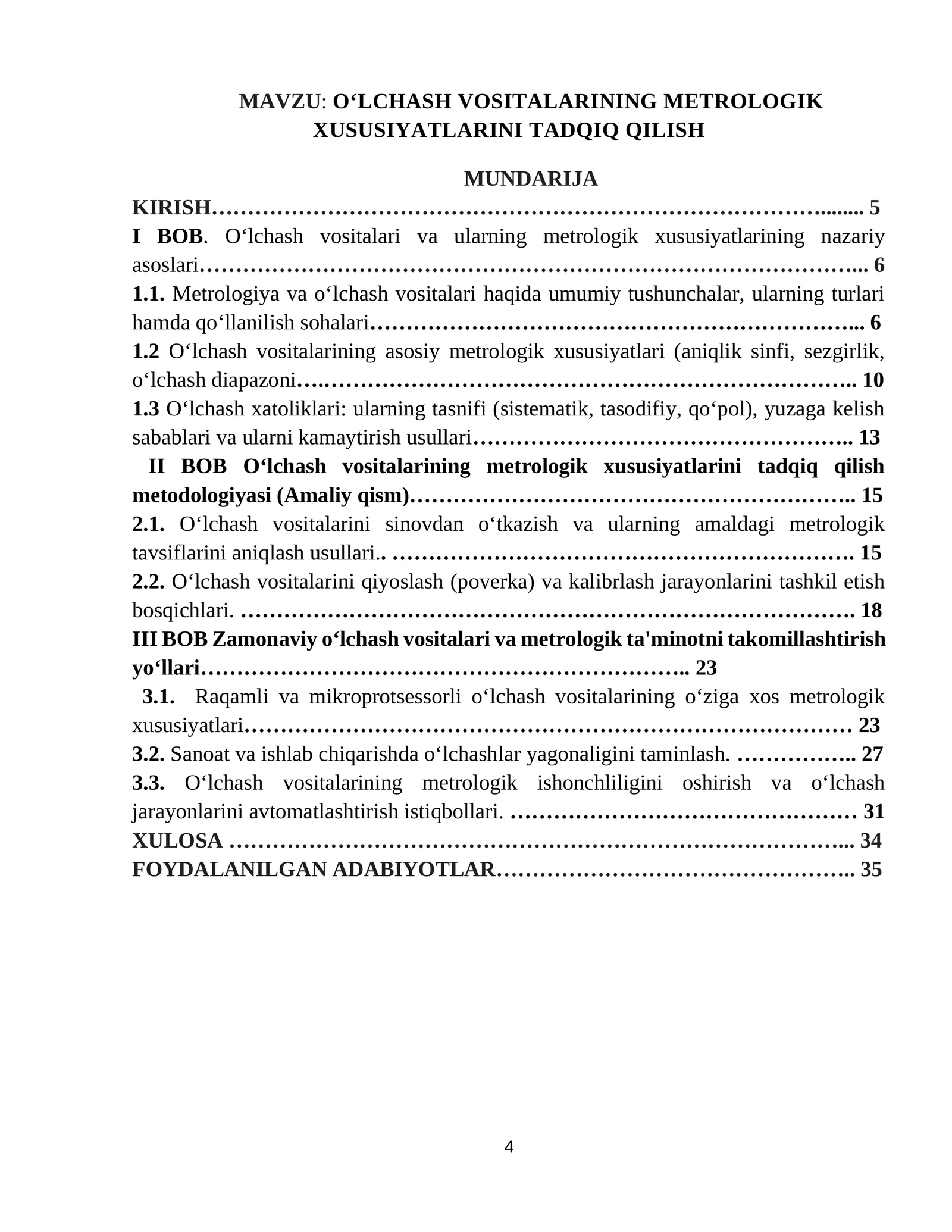 O‘LCHASH VOSITALARINING METROLOGIK XUSUSIYATLARINI TADQIQ QILISH KURS ISHI
