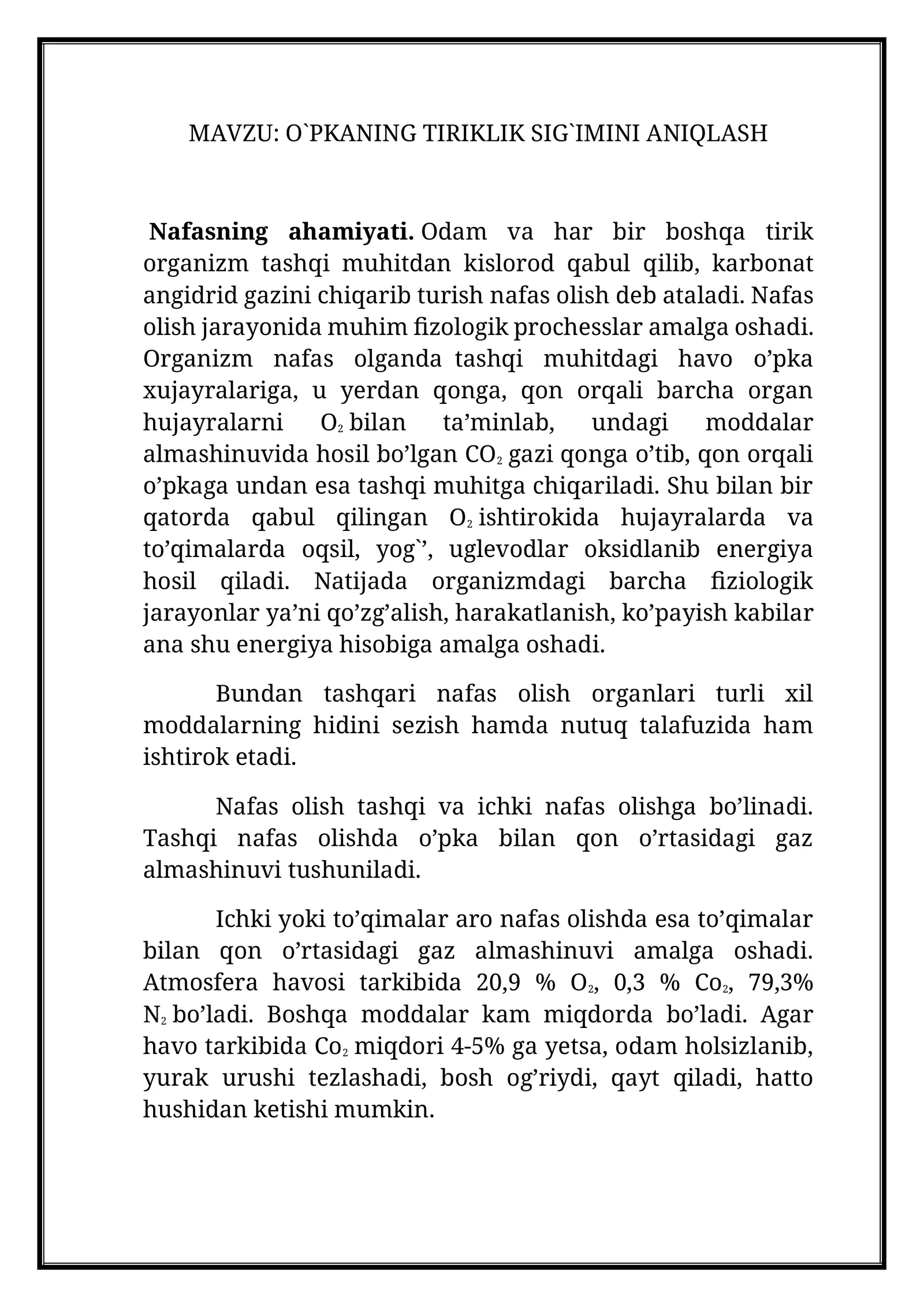 O`PKANING TIRIKLIK SIG`IMINI ANIQLASH