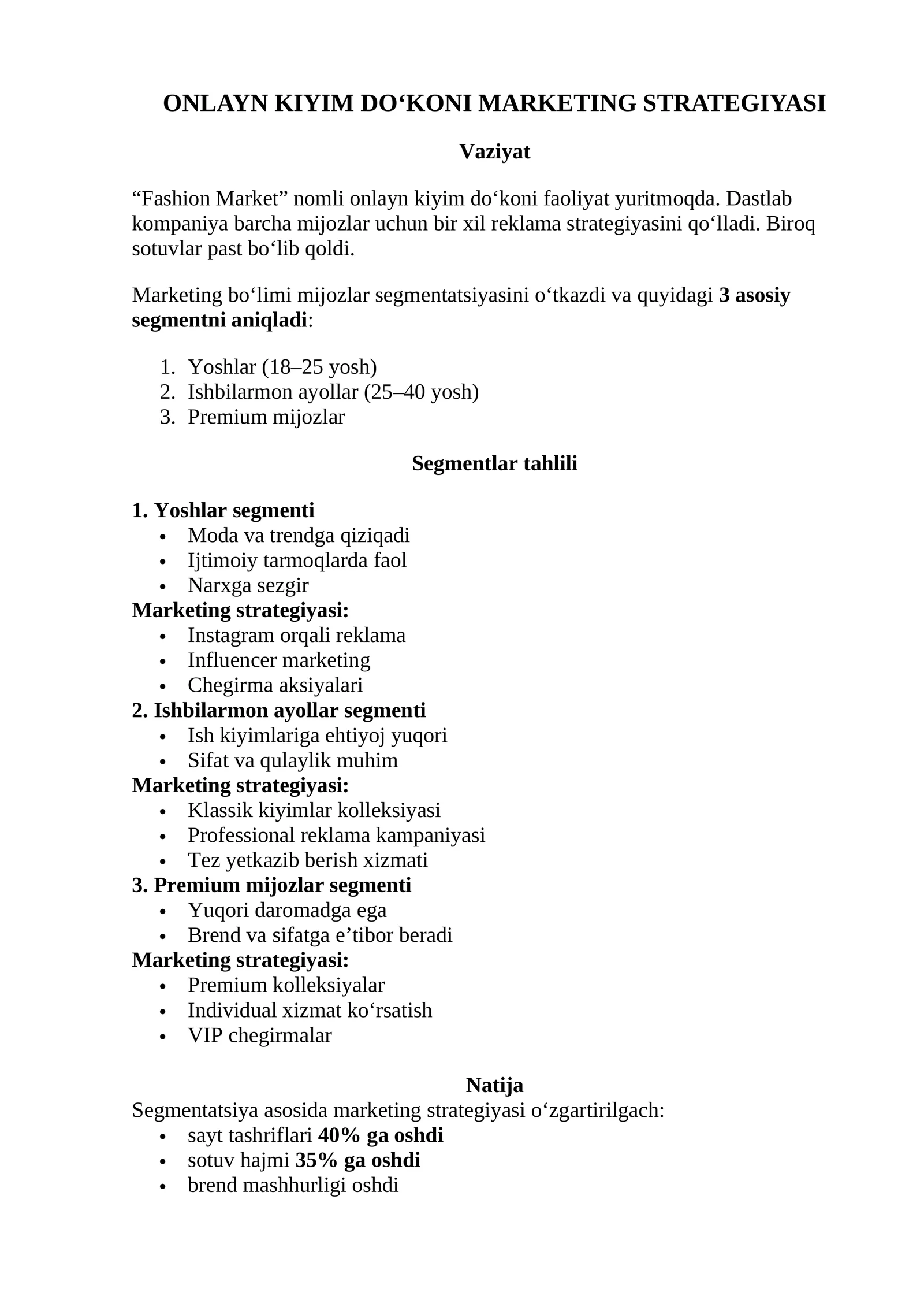 ONLAYN KIYIM DO‘KONI MARKETING STRATEGIYASI