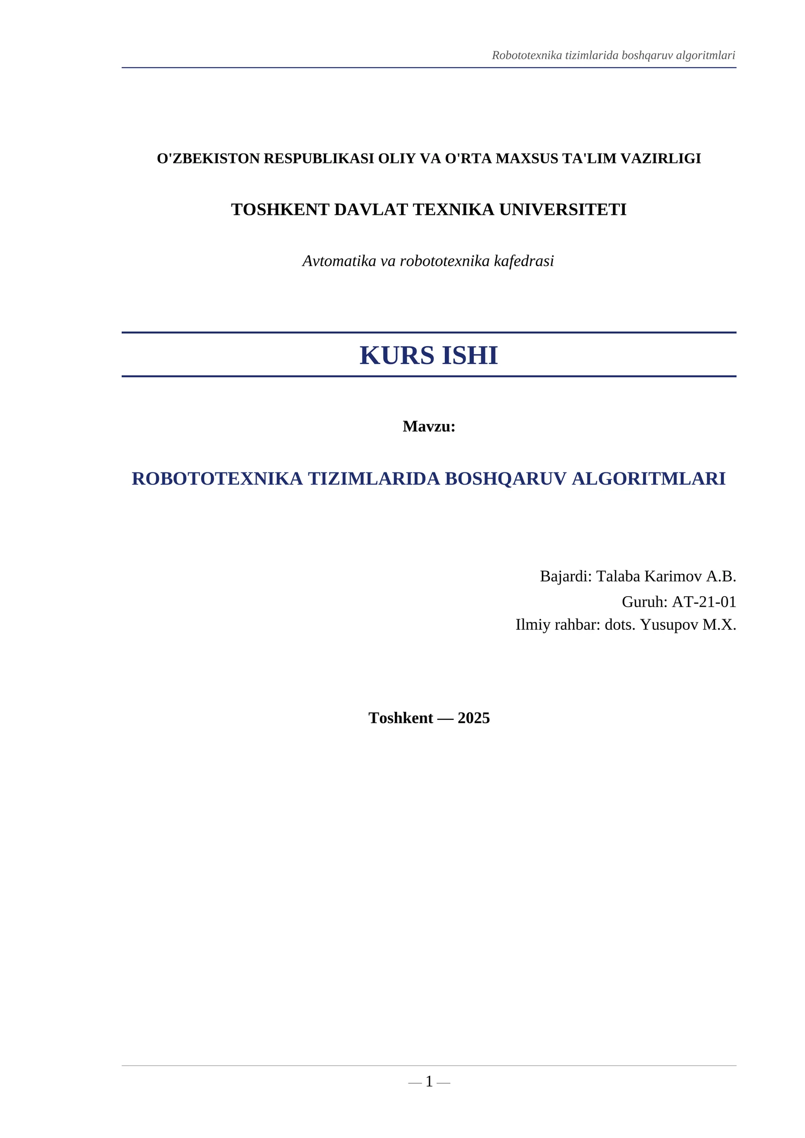 ROBOTOTEXNIKA TIZIMLARIDA BOSHQARUV ALGORITMLARI