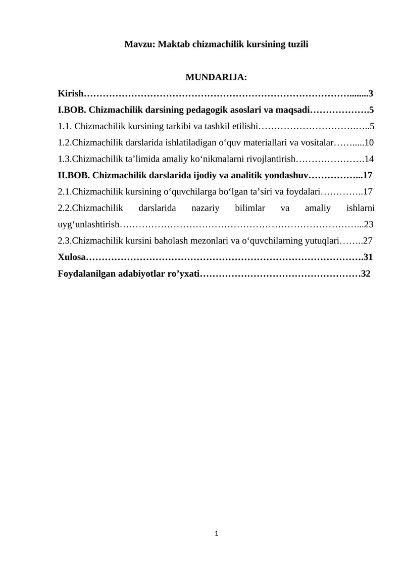 Maktab chizmachilik kursining tuzili