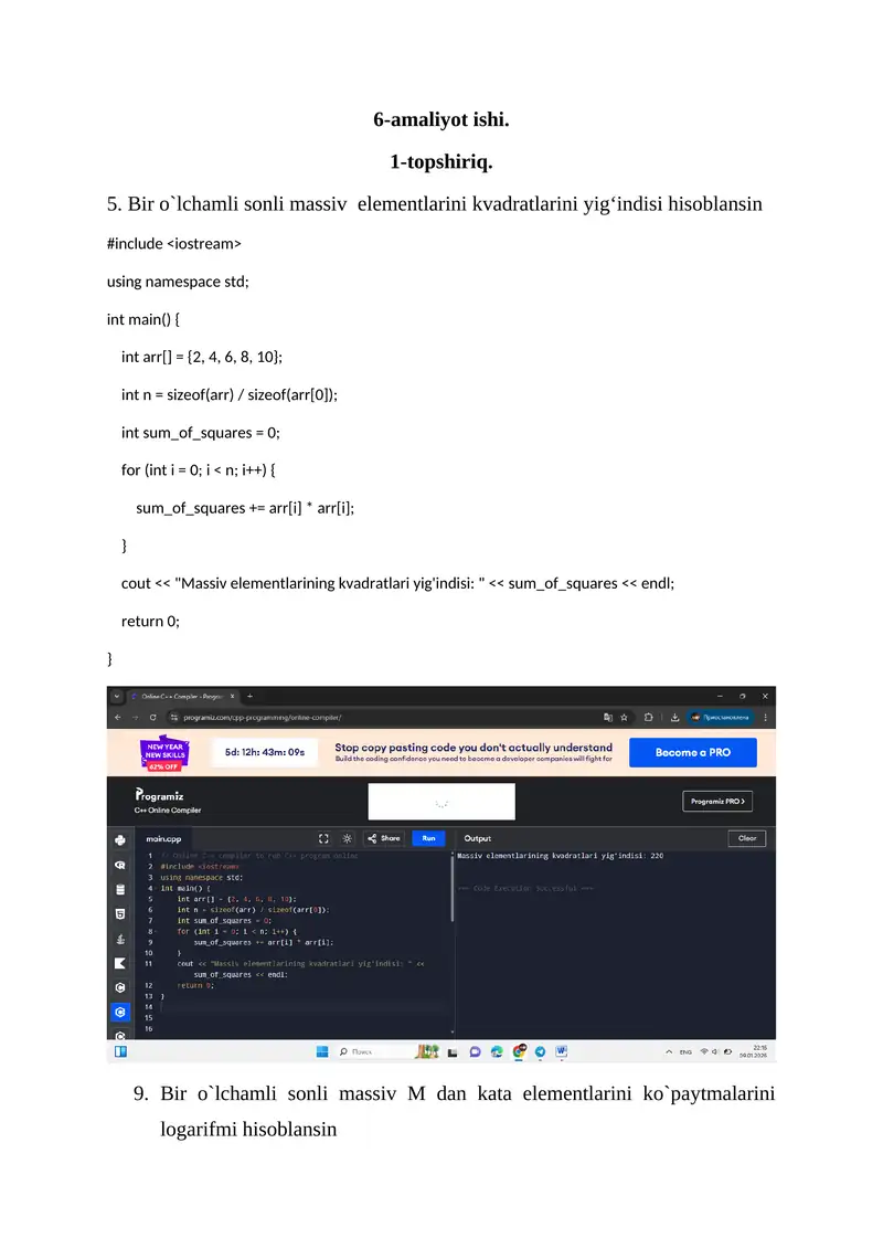 Bir o`lchamli massiv elementlarining kvadratlari yig'indisi